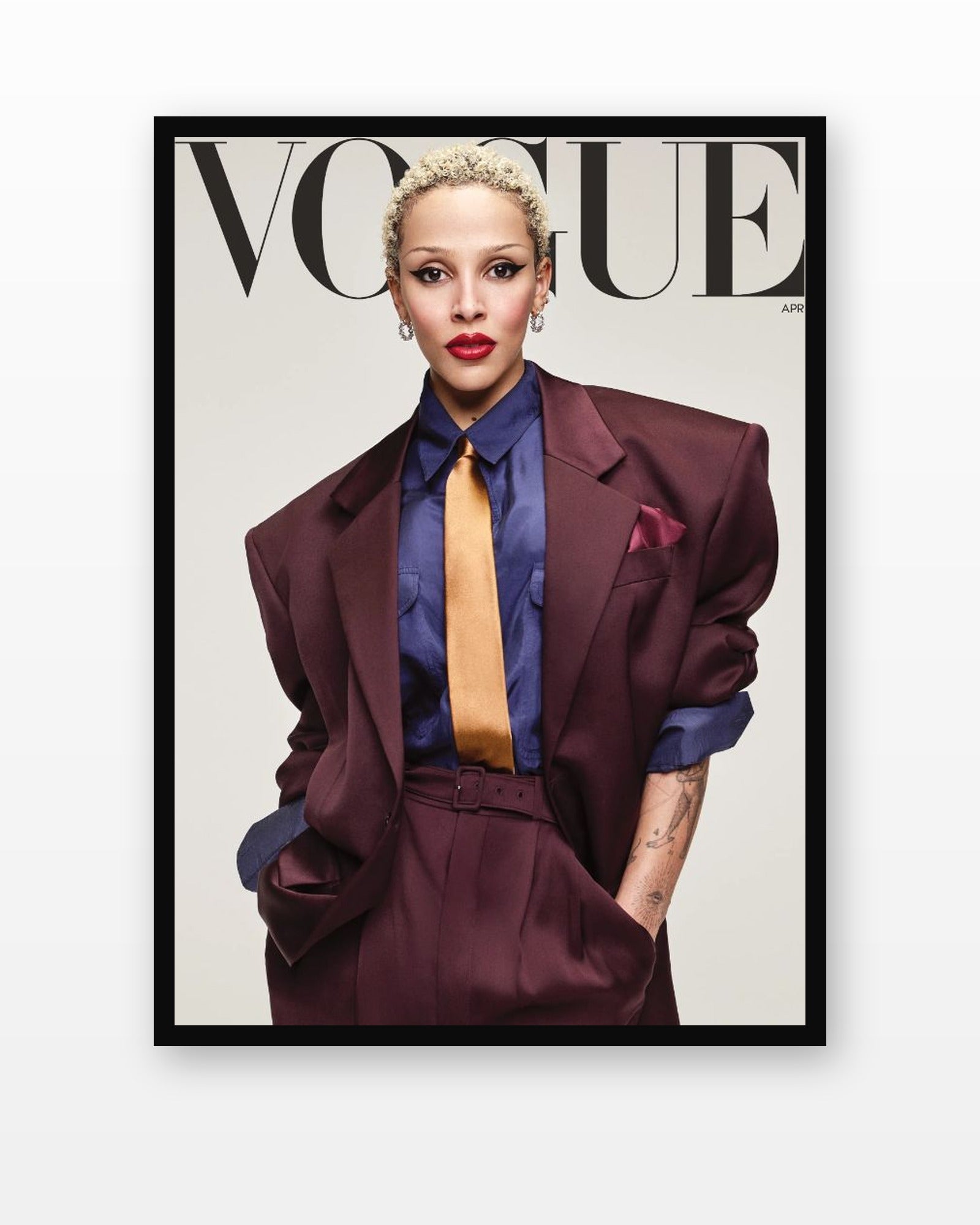 Doja Cat Vogue April Cover Poster in a black frame on a white wall