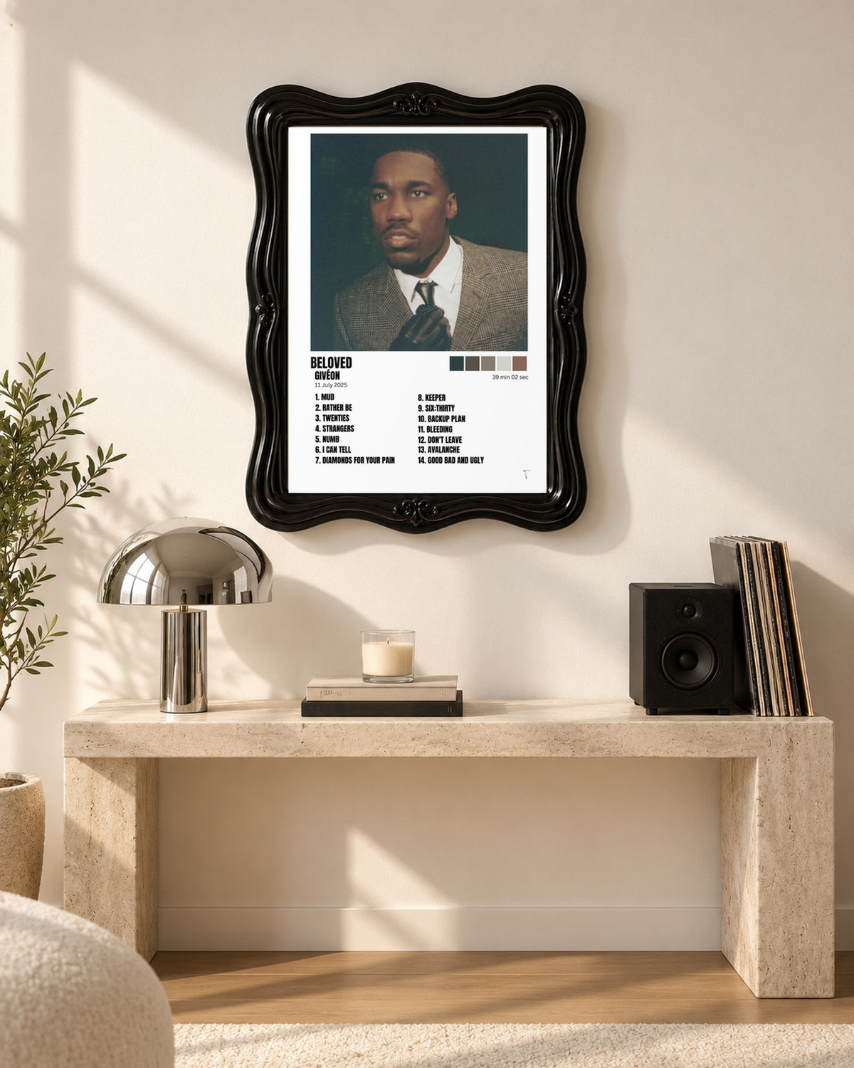GIVĒON BELOVED White Tracklist Poster; console room scene; black ornate frame for display only. Print sold unframed.