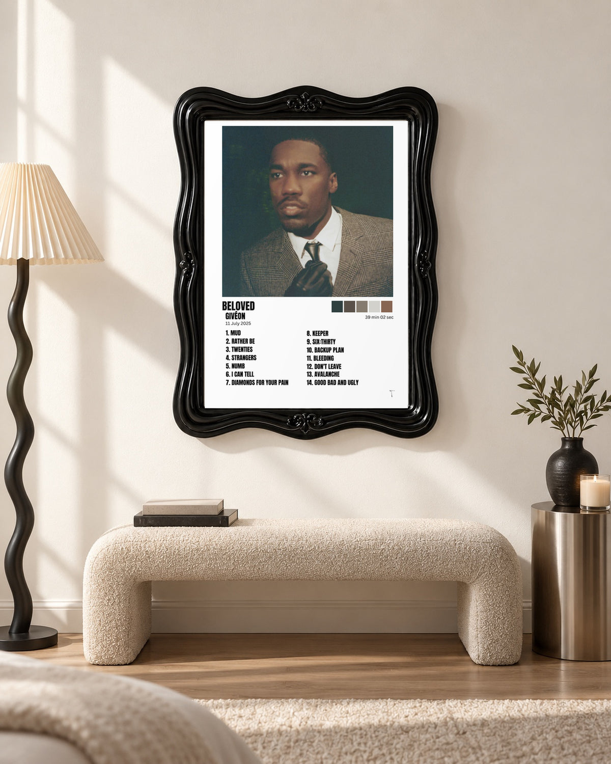 GIVĒON BELOVED White Tracklist Poster; bench room scene; black ornate frame for display only. Print sold unframed.