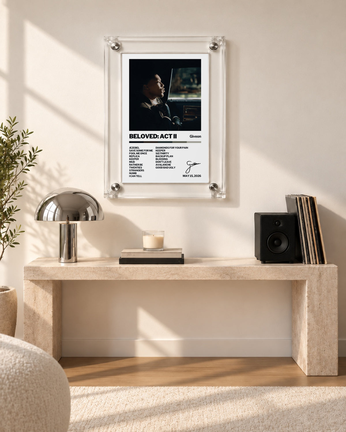 GIVĒON BELOVED: ACT II Cream Tracklist Poster; console room scene; transparent acrylic frame for display only. Print sold unframed.