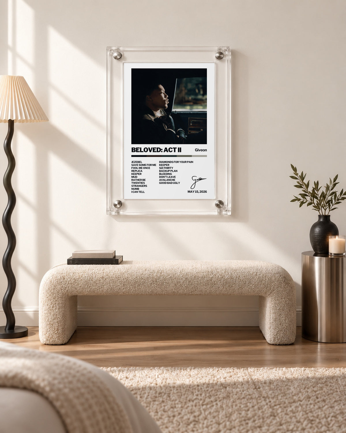 GIVĒON BELOVED: ACT II Cream Tracklist Poster; bench room scene; transparent acrylic frame for display only. Print sold unframed.