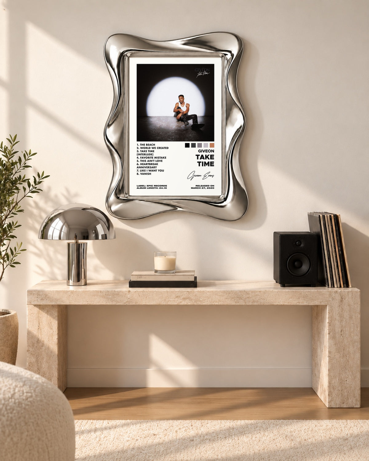 GIVĒON TAKE TIME Spotlight Tracklist Poster; console room scene; silver wave frame for display only. Print sold unframed.