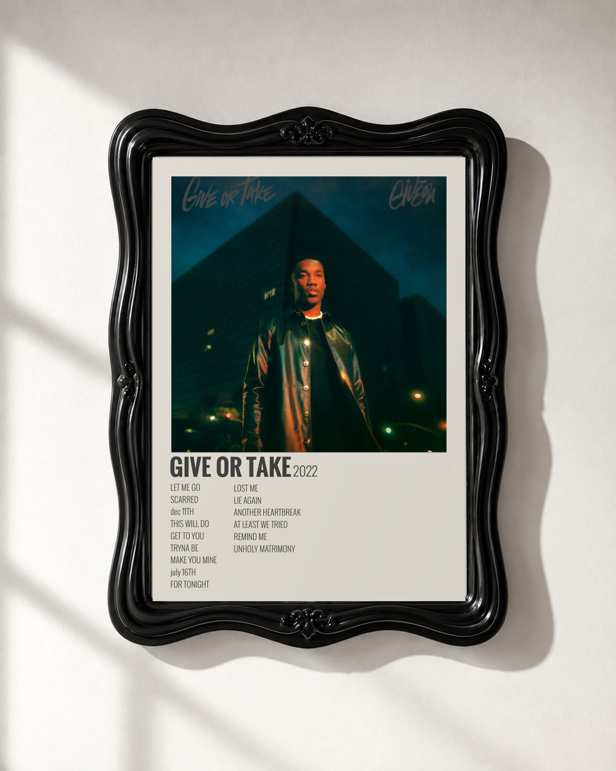 GIVĒON Give Or Take Cream Tracklist Poster; frame close-up; black ornate frame for display only. Print sold unframed.
