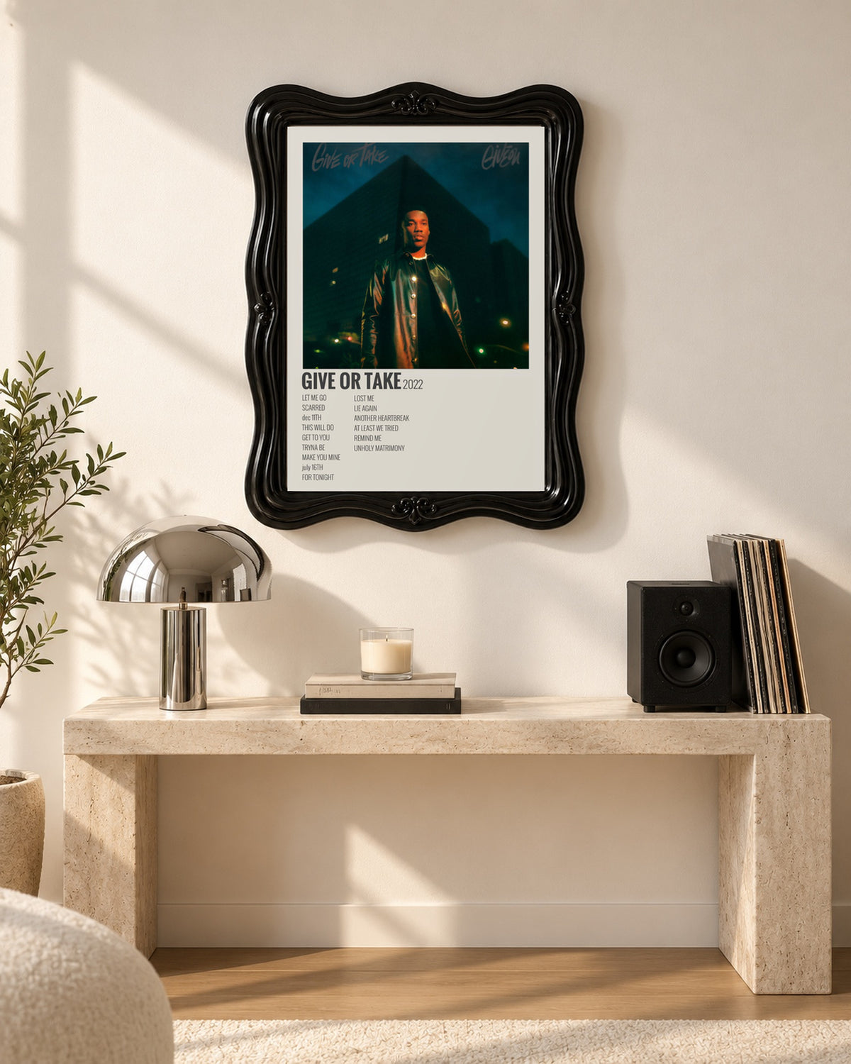 GIVĒON Give Or Take Cream Tracklist Poster; console room scene; black ornate frame for display only. Print sold unframed.