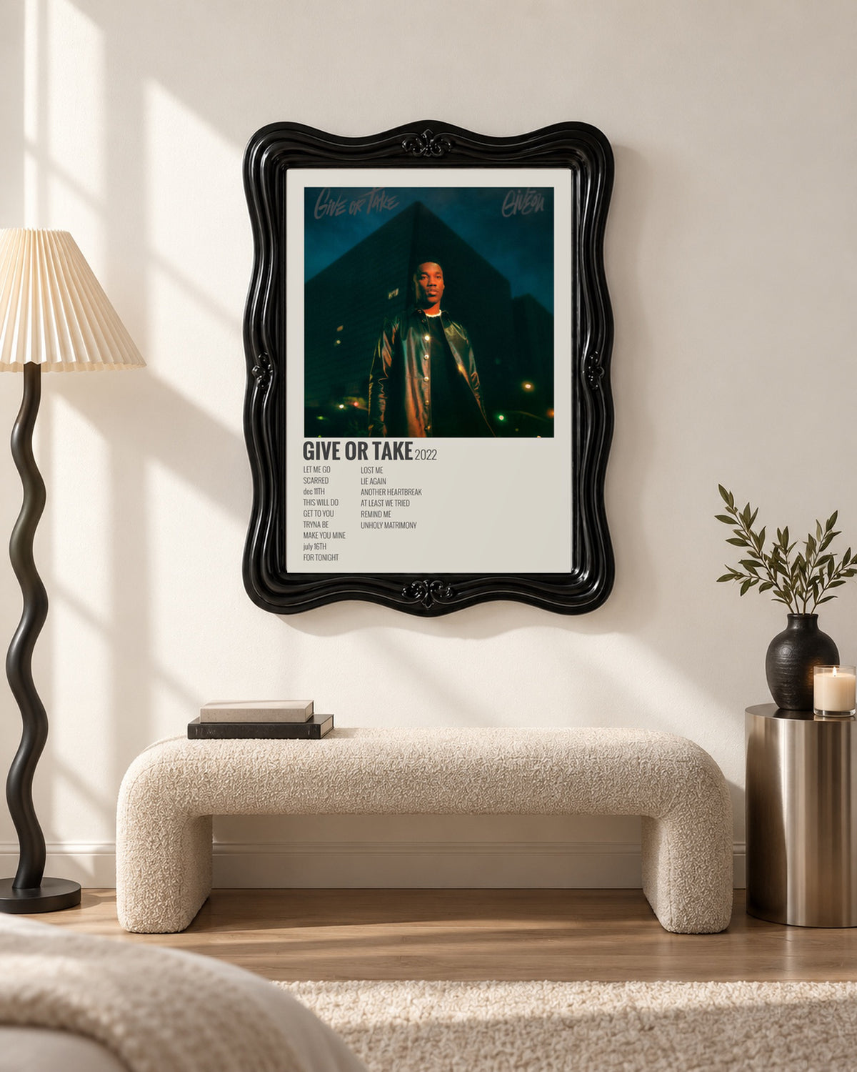 GIVĒON Give Or Take Cream Tracklist Poster; bench room scene; black ornate frame for display only. Print sold unframed.
