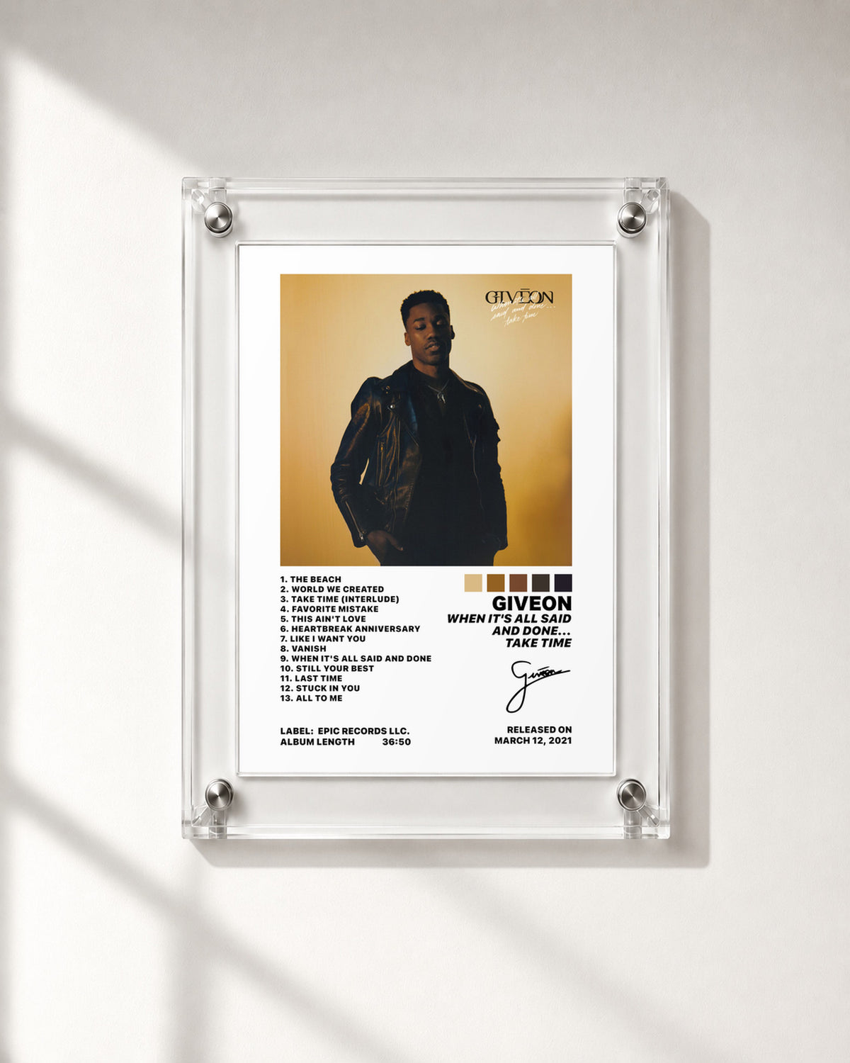 GIVĒON When It's All Said And Done... Take Time Gold Portrait Tracklist Poster; frame close-up; transparent acrylic frame for display only. Print sold unframed.