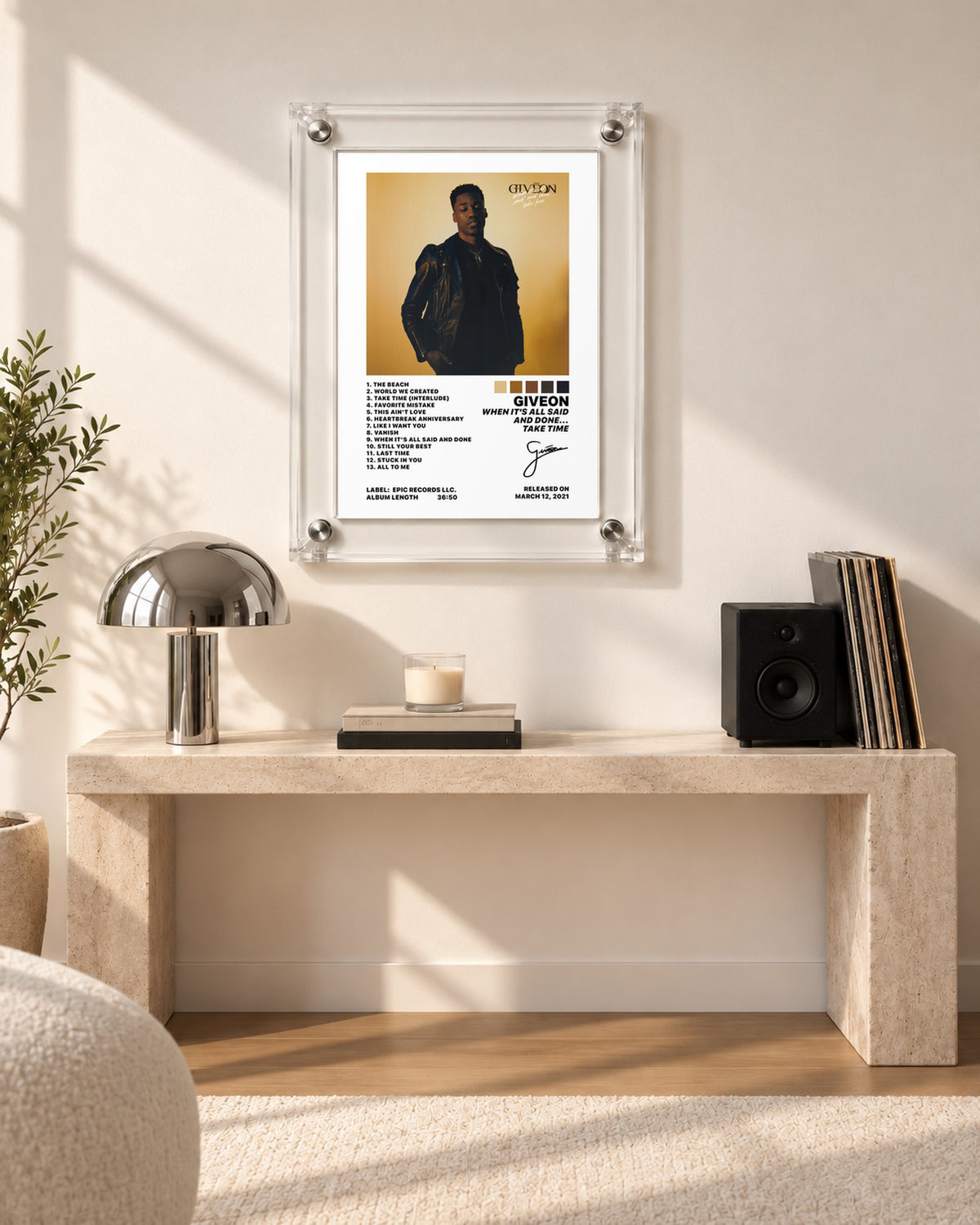 GIVĒON When It's All Said And Done... Take Time Gold Portrait Tracklist Poster; console room scene; transparent acrylic frame for display only. Print sold unframed.
