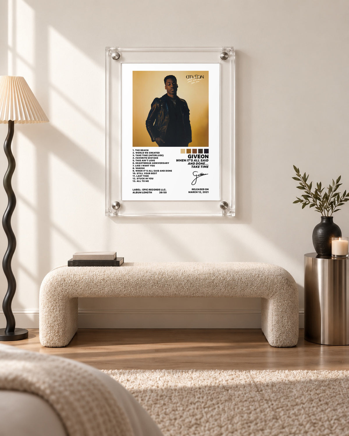 GIVĒON When It's All Said And Done... Take Time Gold Portrait Tracklist Poster; bench room scene; transparent acrylic frame for display only. Print sold unframed.