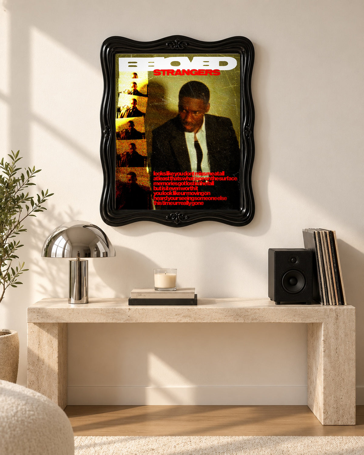 GIVĒON STRANGERS Gold and Red Collage Poster; console room scene; black ornate frame for display only. Print sold unframed.