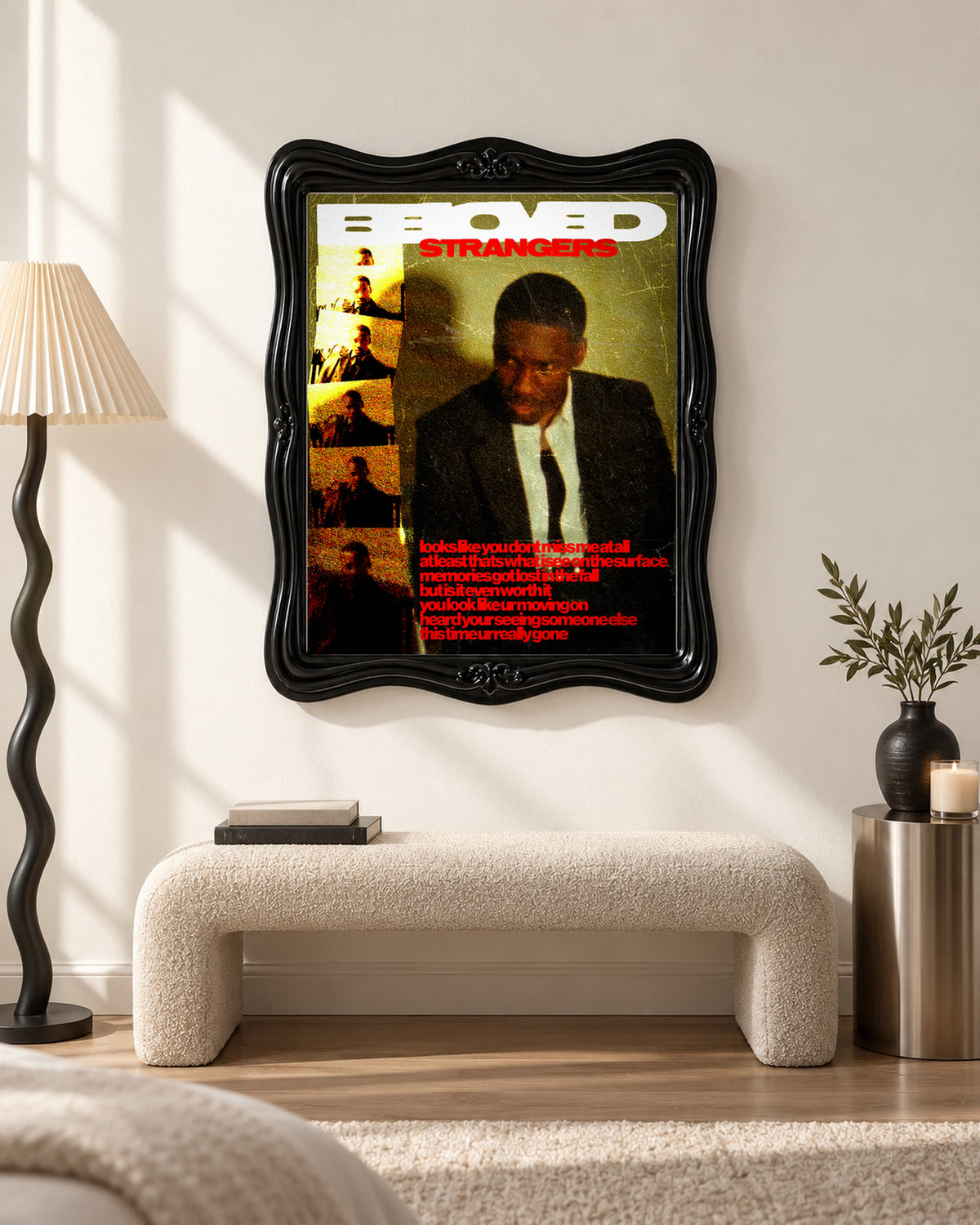 GIVĒON STRANGERS Gold and Red Collage Poster; bench room scene; black ornate frame for display only. Print sold unframed.