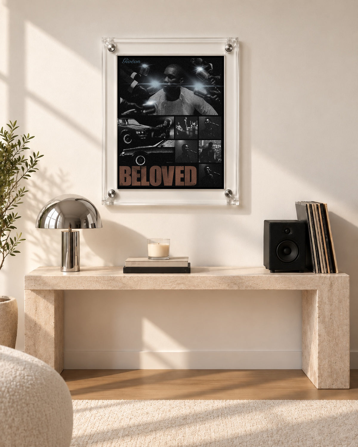 GIVĒON BELOVED Black and White Photo Collage Poster; console room scene; transparent acrylic frame for display only. Print sold unframed.