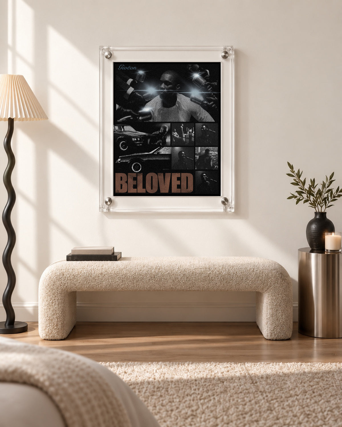 GIVĒON BELOVED Black and White Photo Collage Poster; bench room scene; transparent acrylic frame for display only. Print sold unframed.