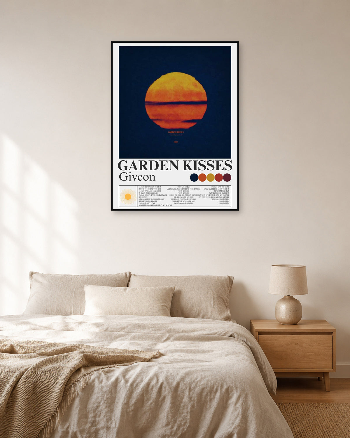 GIVĒON Garden Kisses Sunset Lyric Poster — natural-light bedroom display. Print sold unframed; frame for display only.