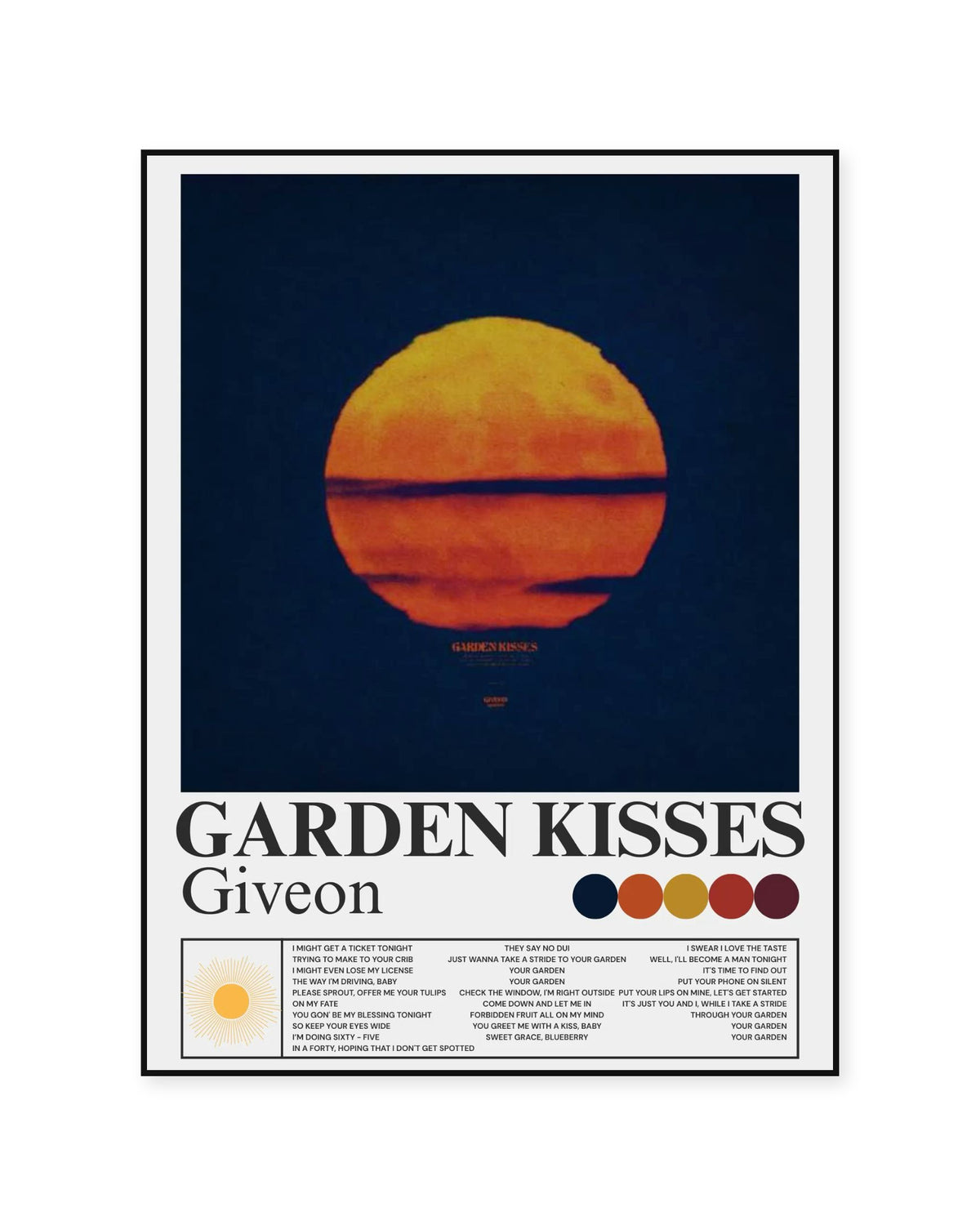 GIVĒON Garden Kisses Sunset Lyric Poster — front view in a thin black display frame. Print sold unframed; frame for display only.