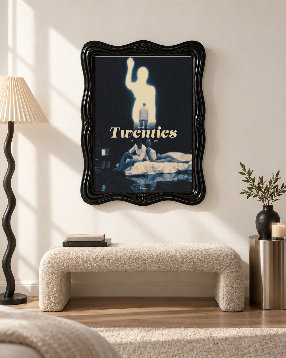 GIVĒON Twenties Blue and Cream Collage Poster; bench room scene; black ornate frame for display only. Print sold unframed.