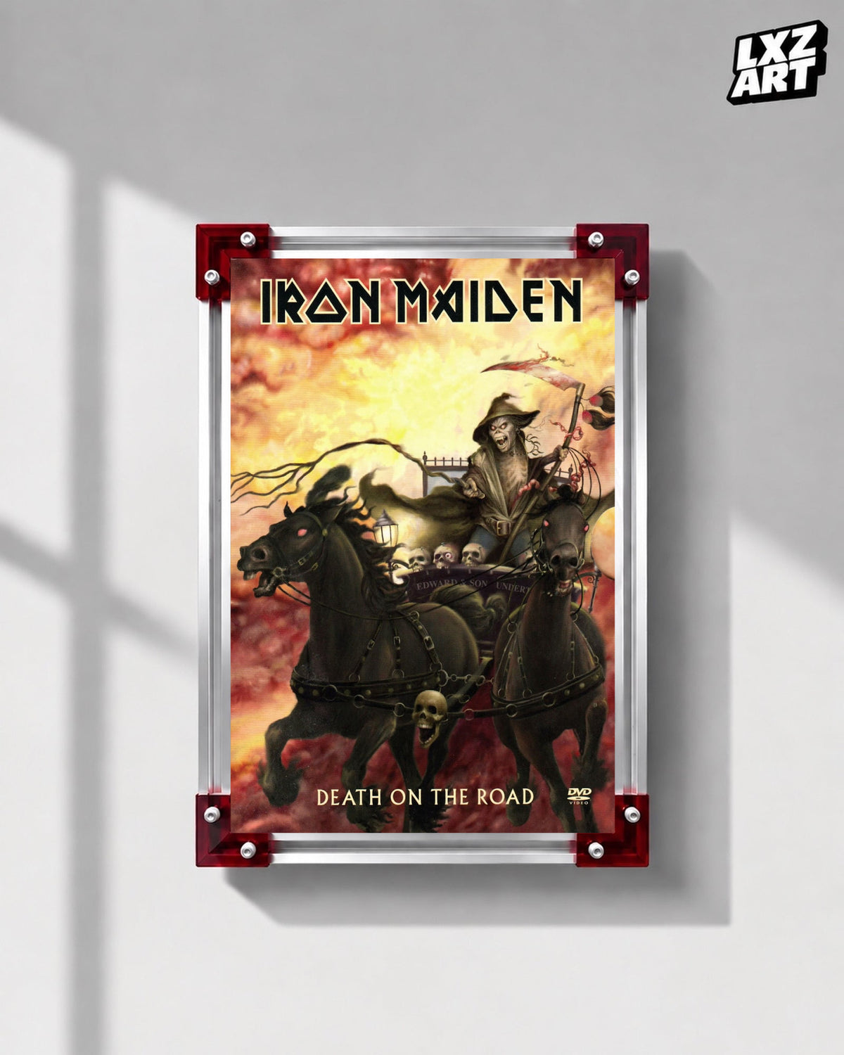 Iron Maiden Death on the Road Concert Film poster displayed on a gray wall in a red-corner frame; unframed print, frame not included