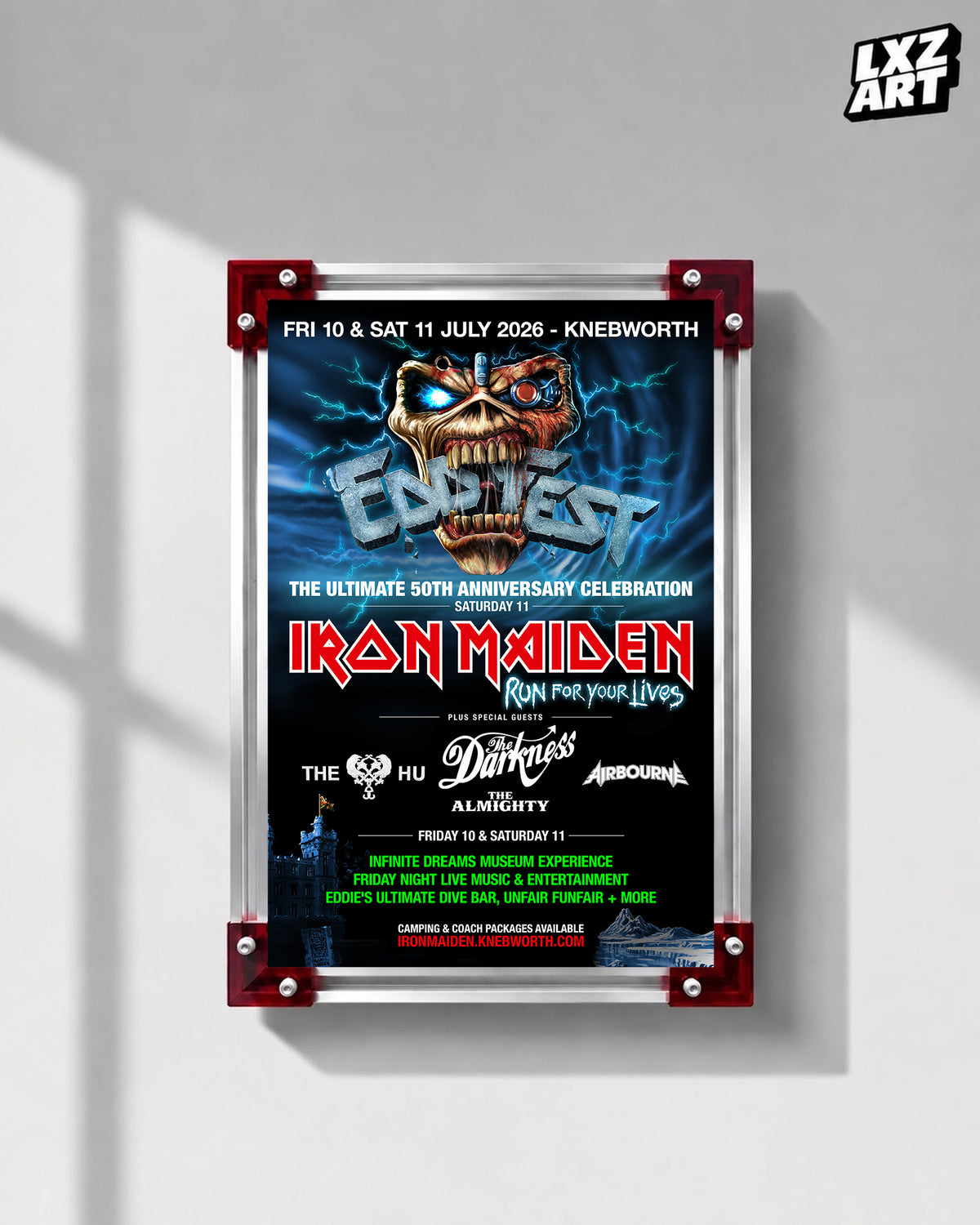 Iron Maiden Eddfest Knebworth 2026 Festival poster displayed on a gray wall in a red-corner frame; unframed print, frame not included