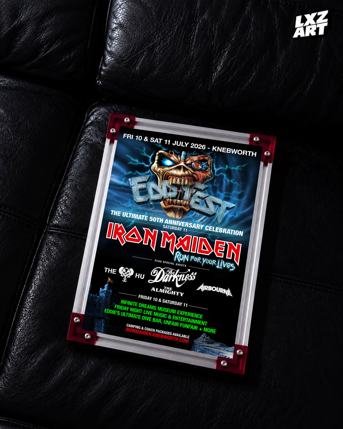 Iron Maiden Eddfest Knebworth 2026 Festival poster displayed on a black leather sofa in a red-corner frame; unframed print, frame not included