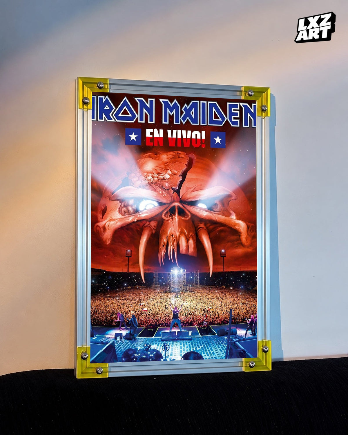 Iron Maiden En Vivo Concert Film poster displayed against a warm wall in a yellow-corner frame; unframed print, frame not included