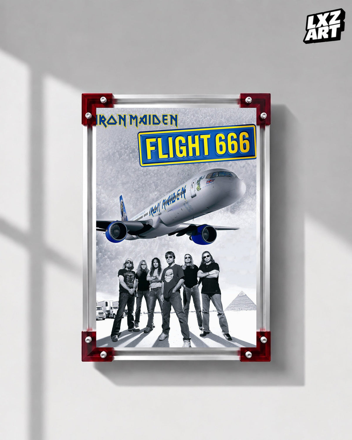 Iron Maiden Flight 666 Concert Documentary poster displayed on a gray wall in a red-corner frame; unframed print, frame not included