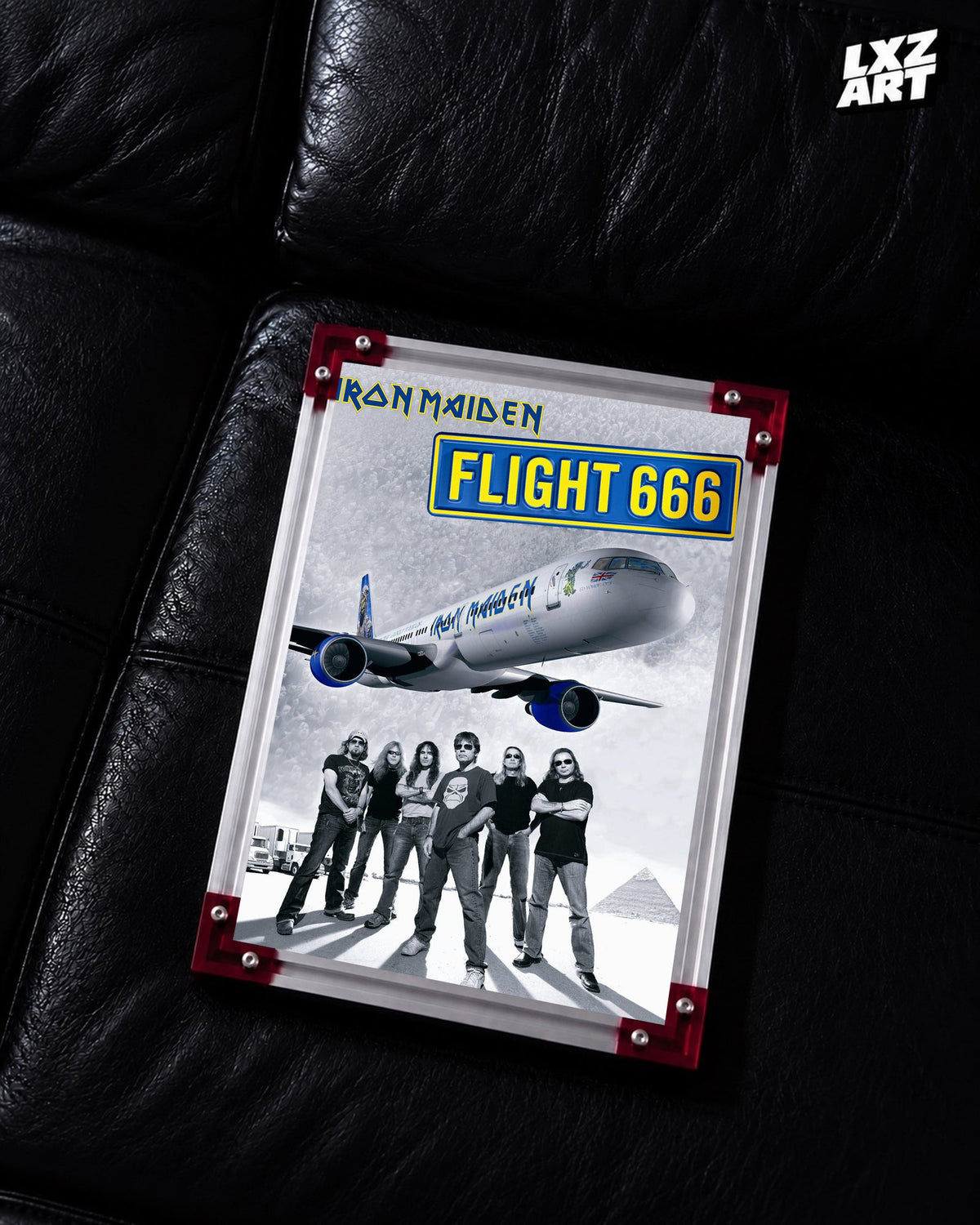 Iron Maiden Flight 666 Concert Documentary poster displayed on a black leather sofa in a red-corner frame; unframed print, frame not included