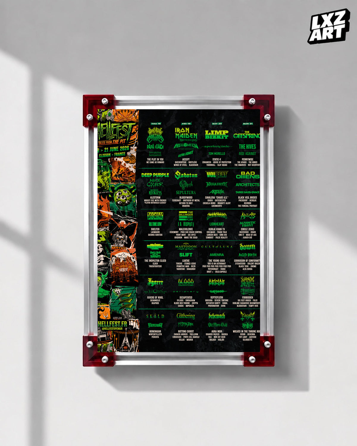 Iron Maiden Hellfest 2026 Festival Lineup poster displayed on a gray wall in a red-corner frame; unframed print, frame not included