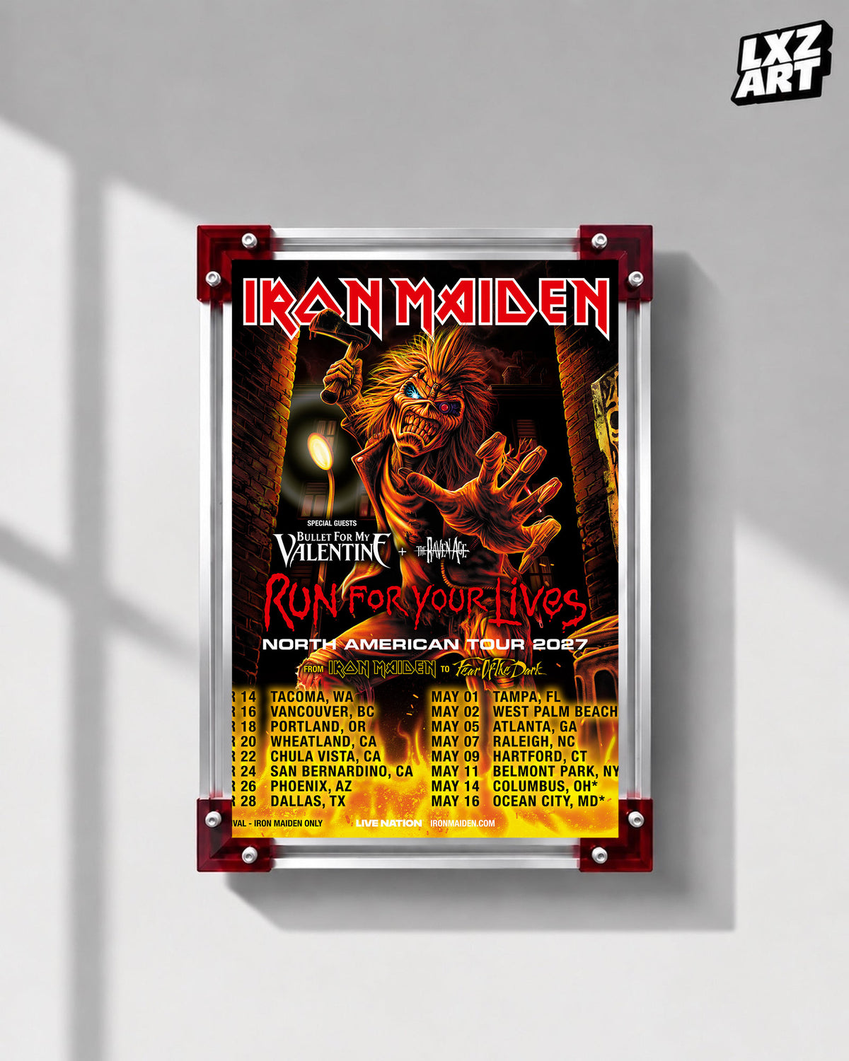 Iron Maiden Run For Your Lives North America 2027 Tour poster displayed on a gray wall in a red-corner frame; unframed print, frame not included