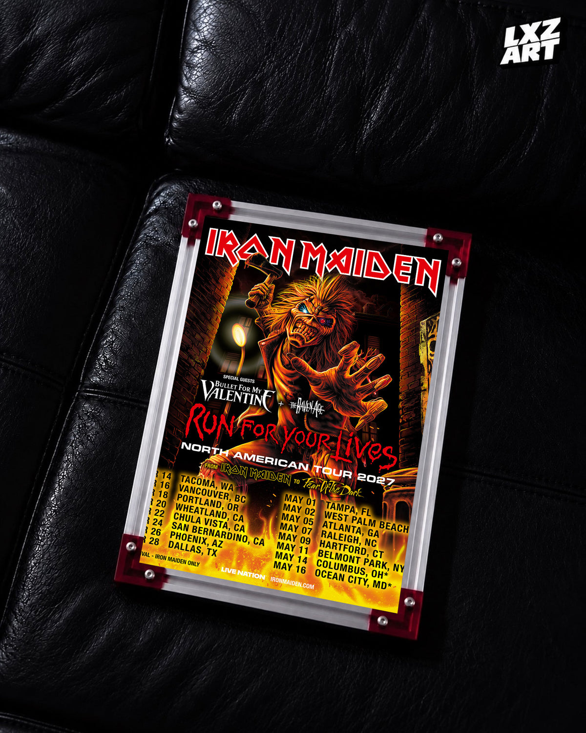 Iron Maiden Run For Your Lives North America 2027 Tour poster displayed on a black leather sofa in a red-corner frame; unframed print, frame not included