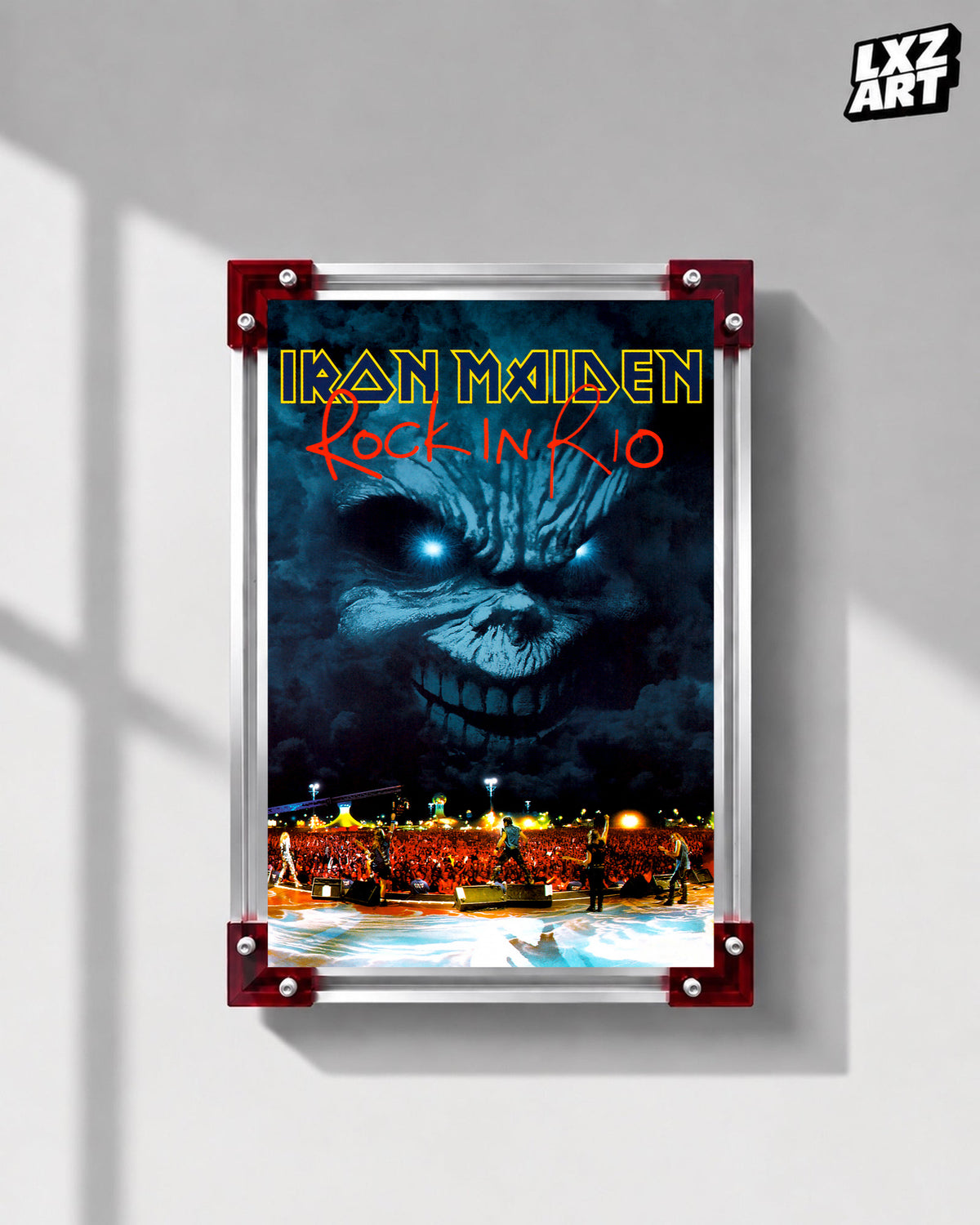Iron Maiden Rock in Rio Concert Film poster displayed on a gray wall in a red-corner frame; unframed print, frame not included
