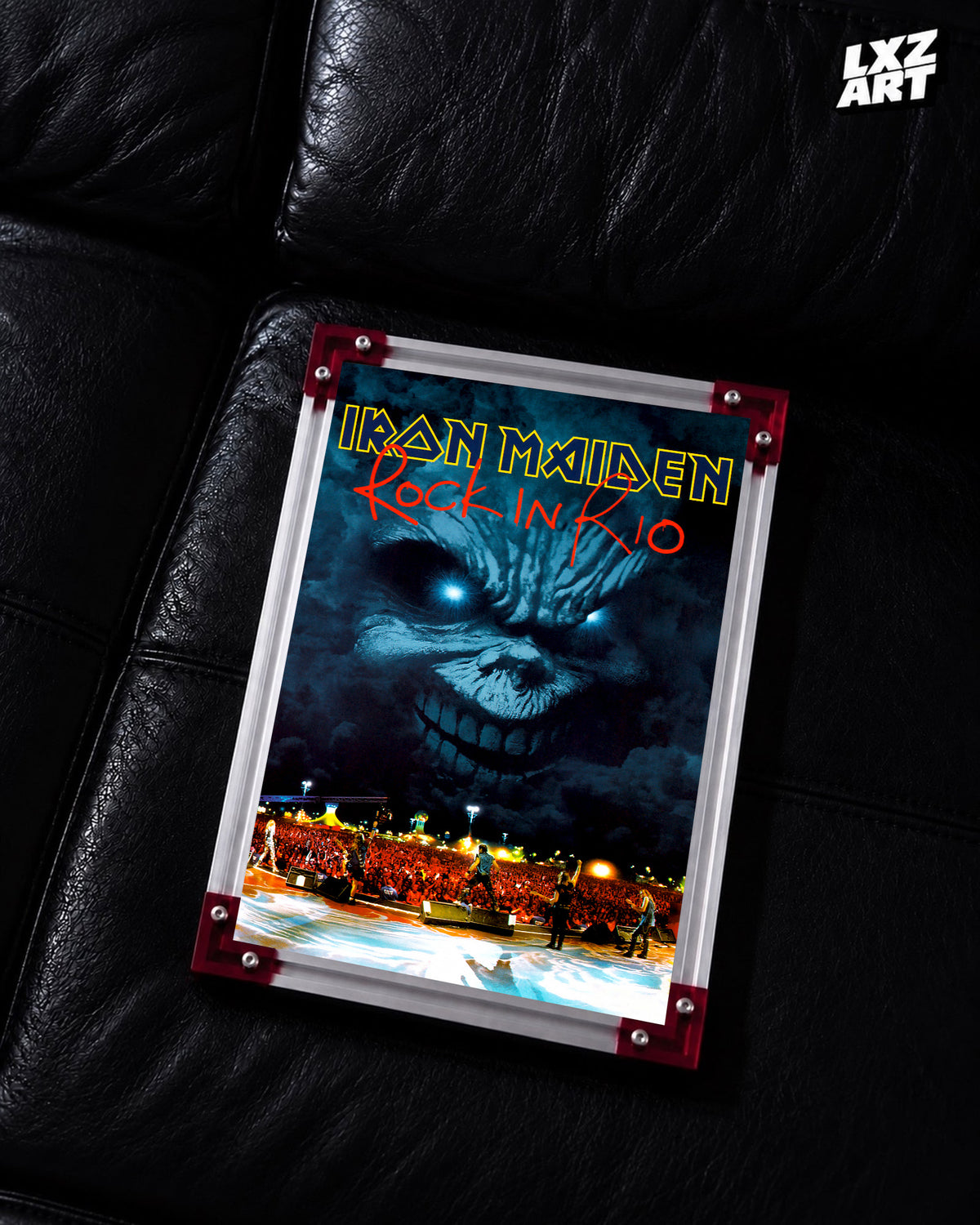 Iron Maiden Rock in Rio Concert Film poster displayed on a black leather sofa in a red-corner frame; unframed print, frame not included