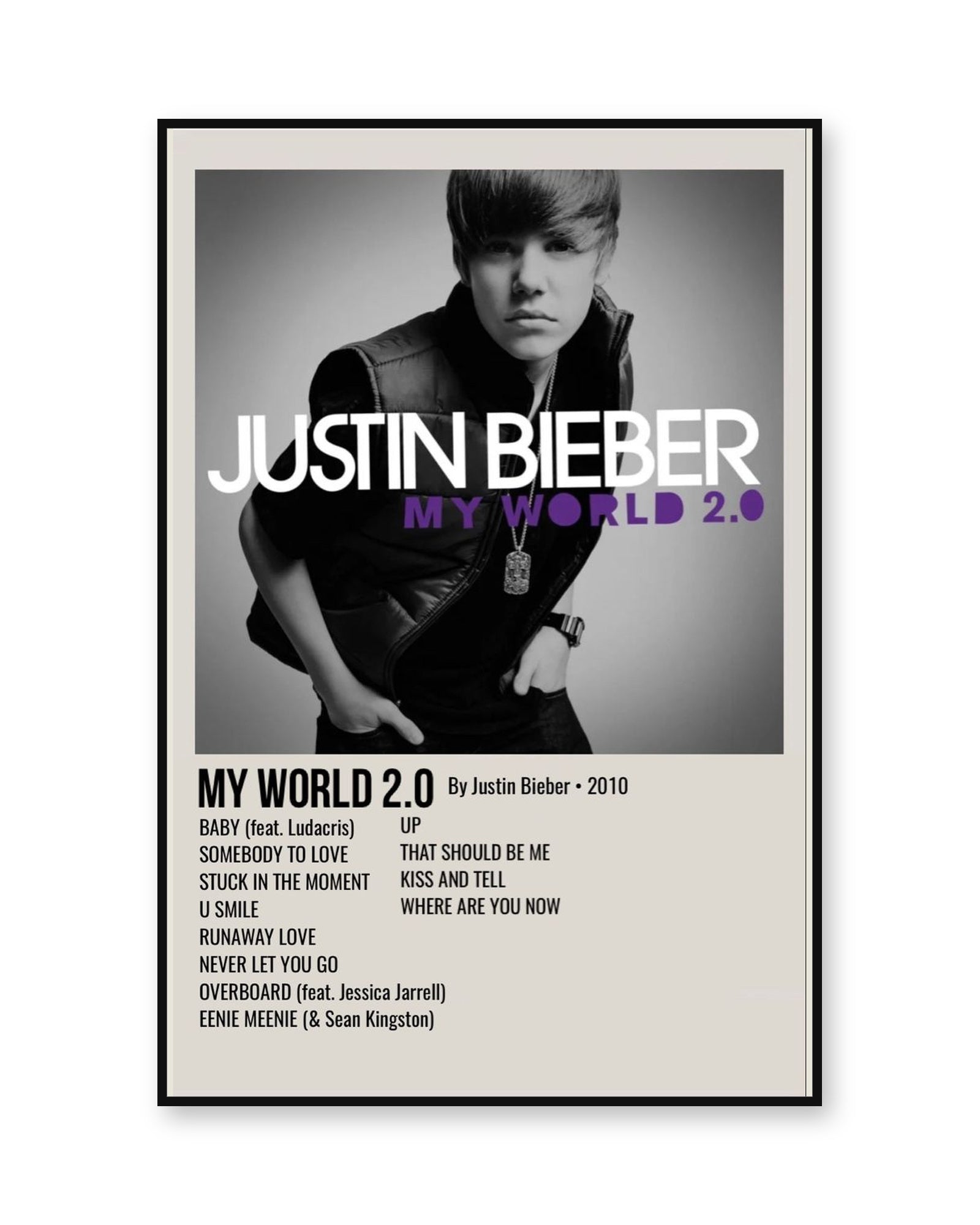 Justin Bieber My World 2.0 album poster in thin black display frame on white background