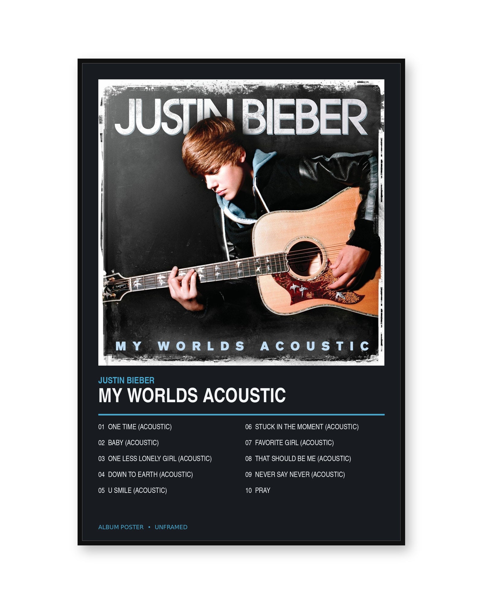 Justin Bieber My Worlds Acoustic album poster in thin black display frame on a pure white background