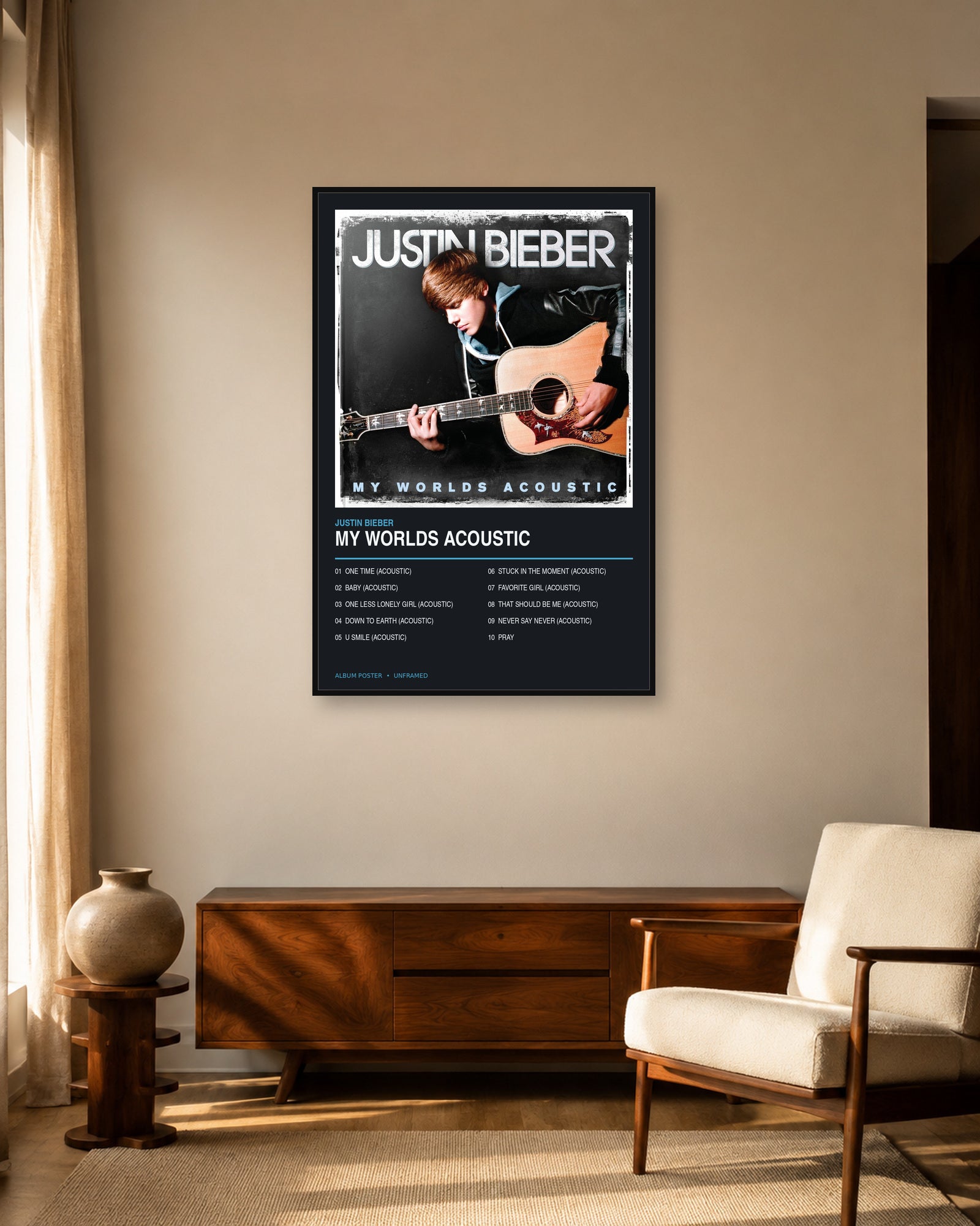 Justin Bieber My Worlds Acoustic album poster in fixed warm mid-century living room display scene