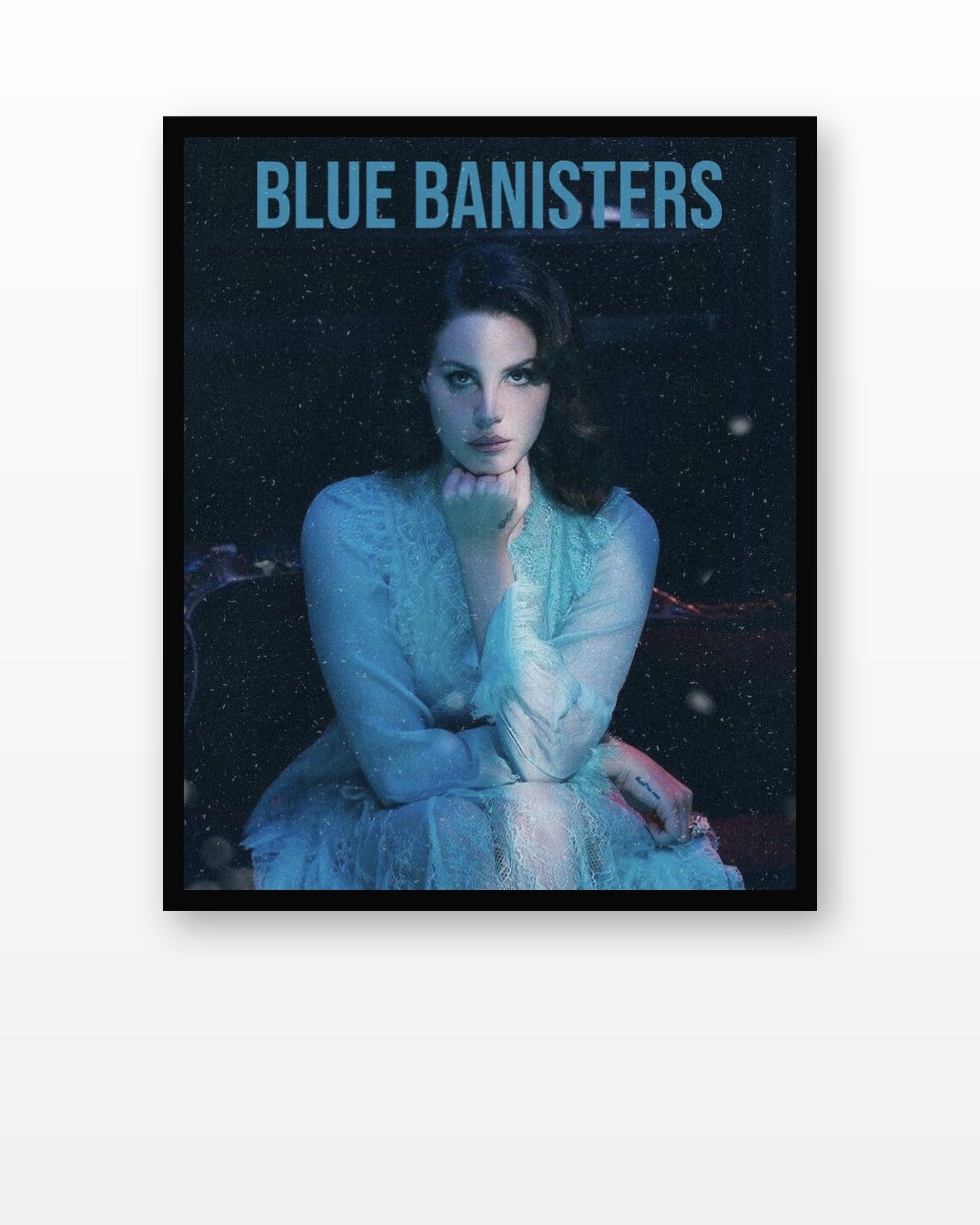 Lana Del Rey Blue Banisters Portrait Poster in a black frame on a white wall