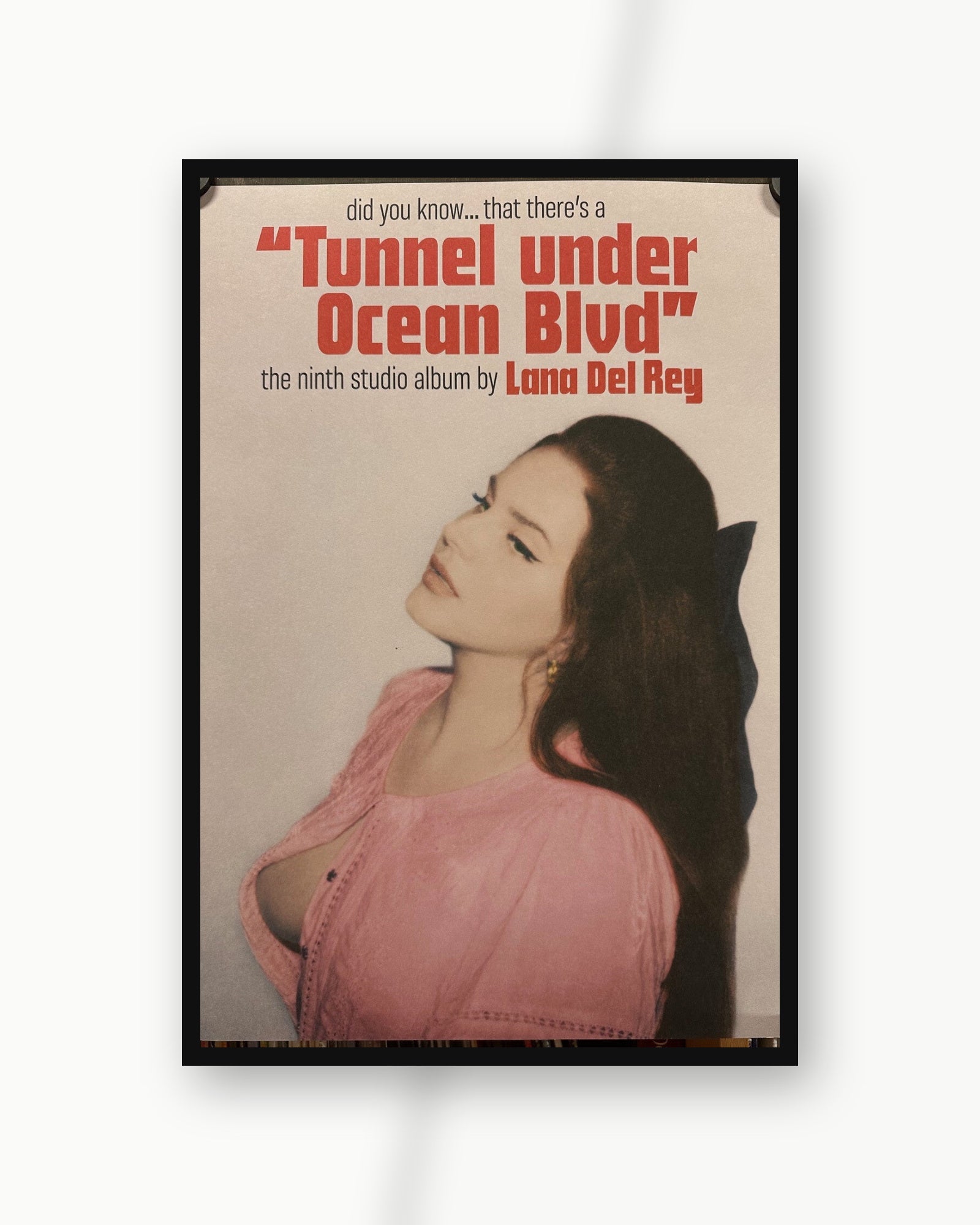Lana Del Rey Ocean Blvd album poster in a black frame on a white wall; frame not included
