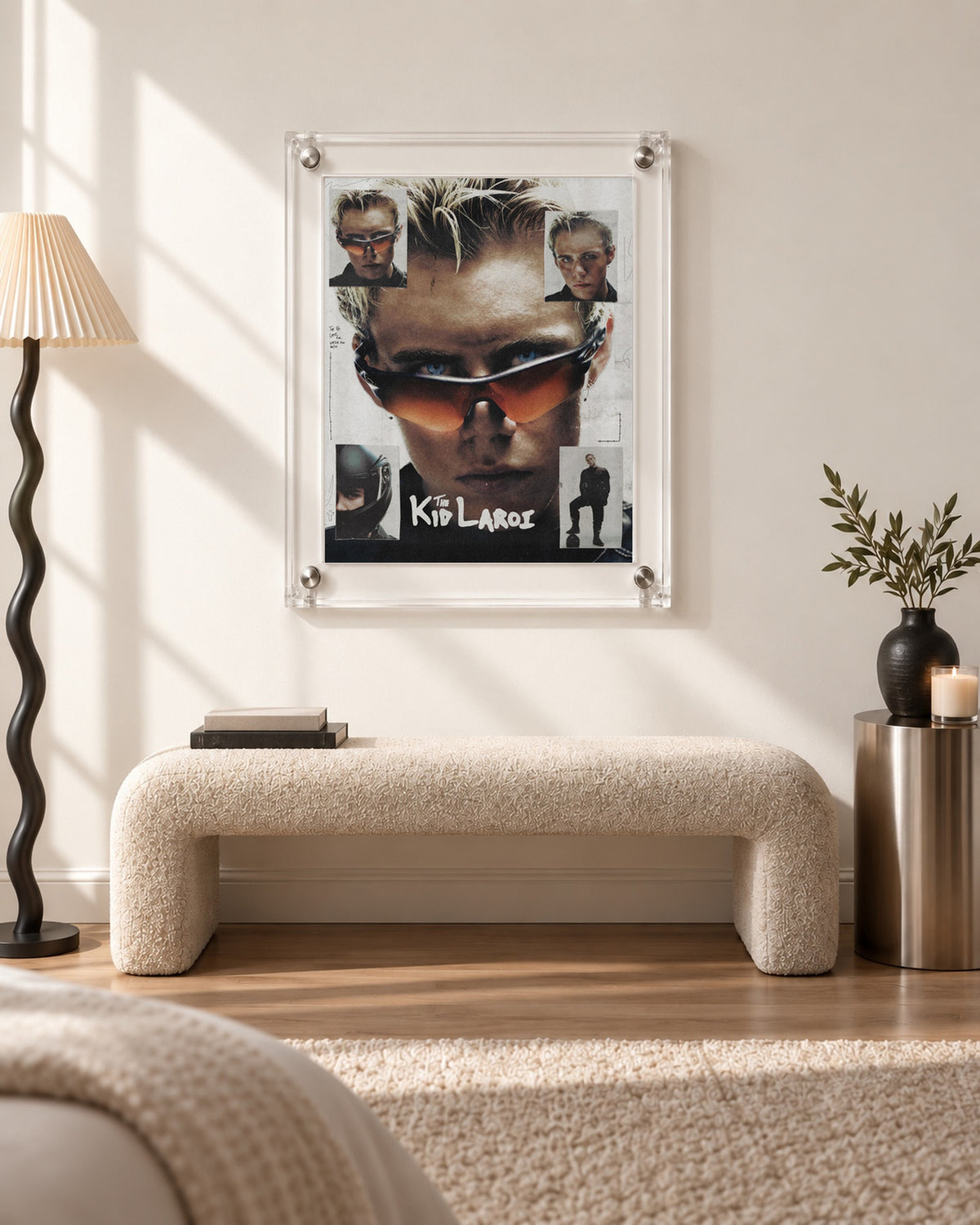 The Kid LAROI Sunglasses Portrait Collage poster, bench room; frame not included