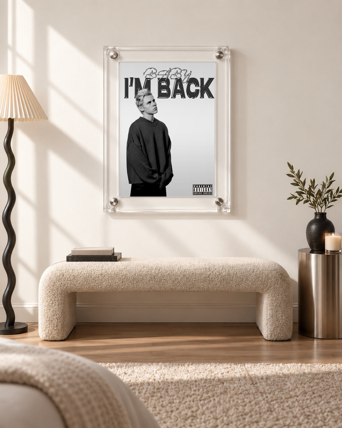 The Kid LAROI BABY I'M BACK Black and White Portrait poster, bench room; frame not included