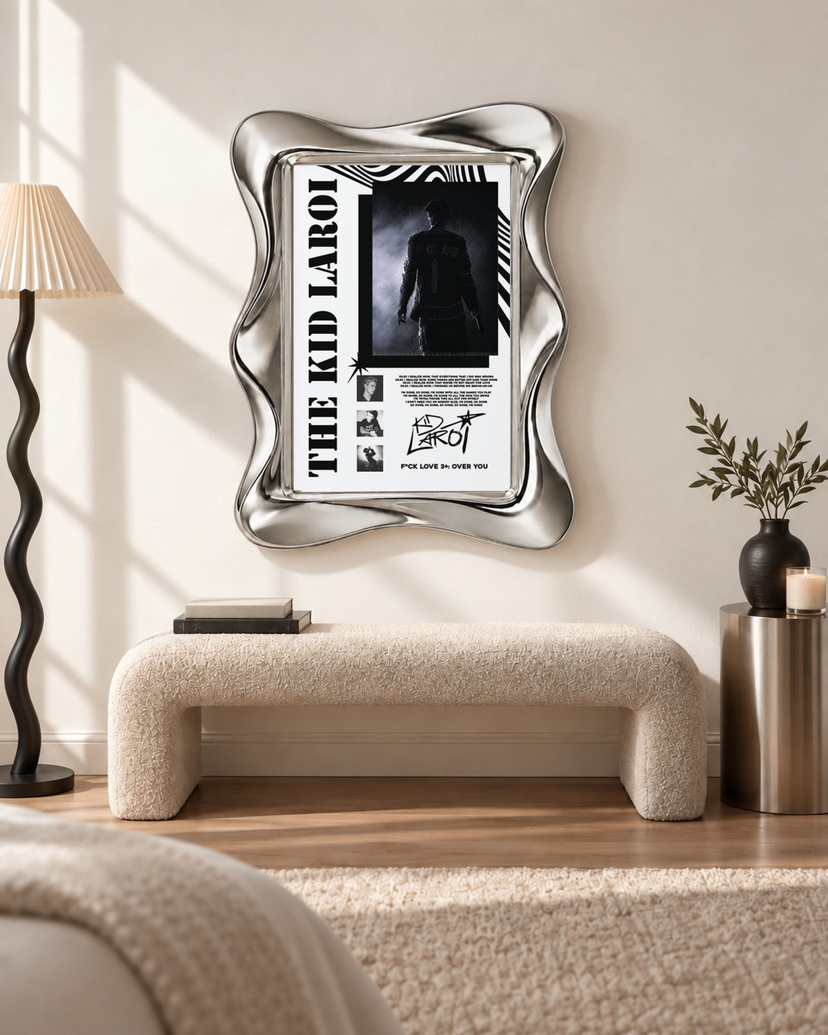The Kid LAROI F*CK LOVE 3+: OVER YOU Black and White Collage poster, bench room; frame not included