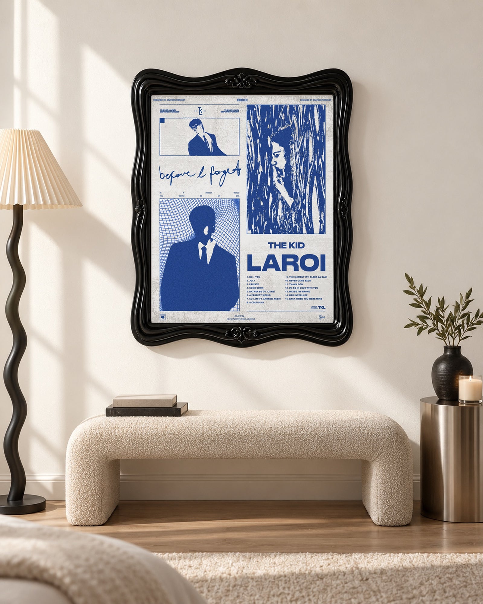 The Kid LAROI Before I Forget Blue Graphic Collage poster, bench room; frame not included