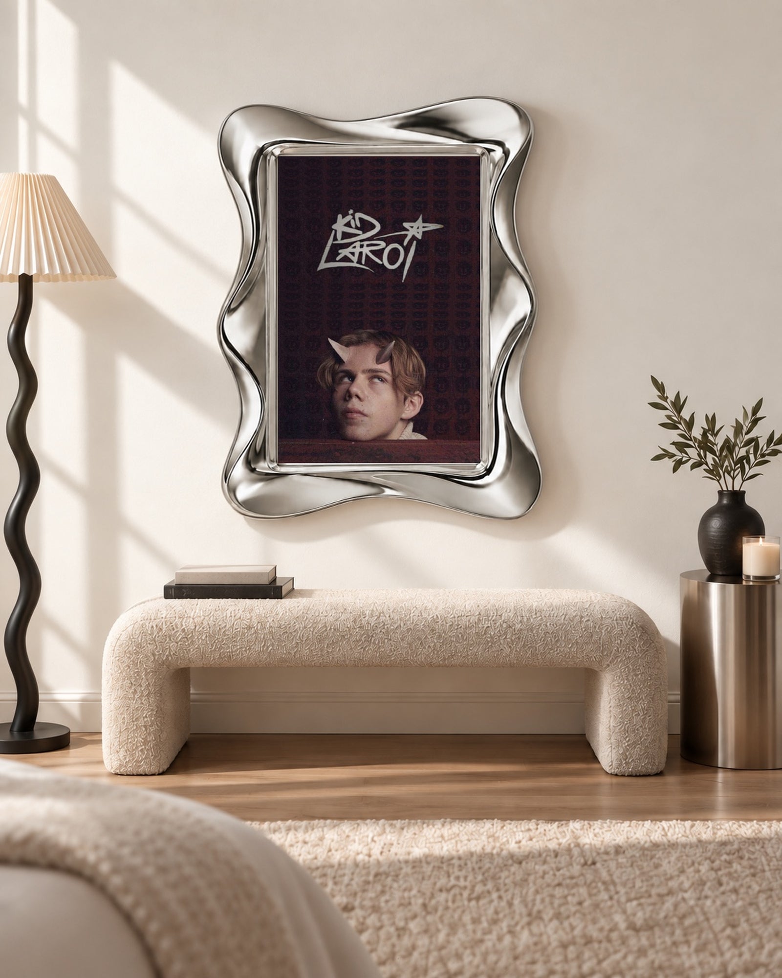 The Kid LAROI Burgundy Horned Portrait and Logo poster, bench room; frame not included