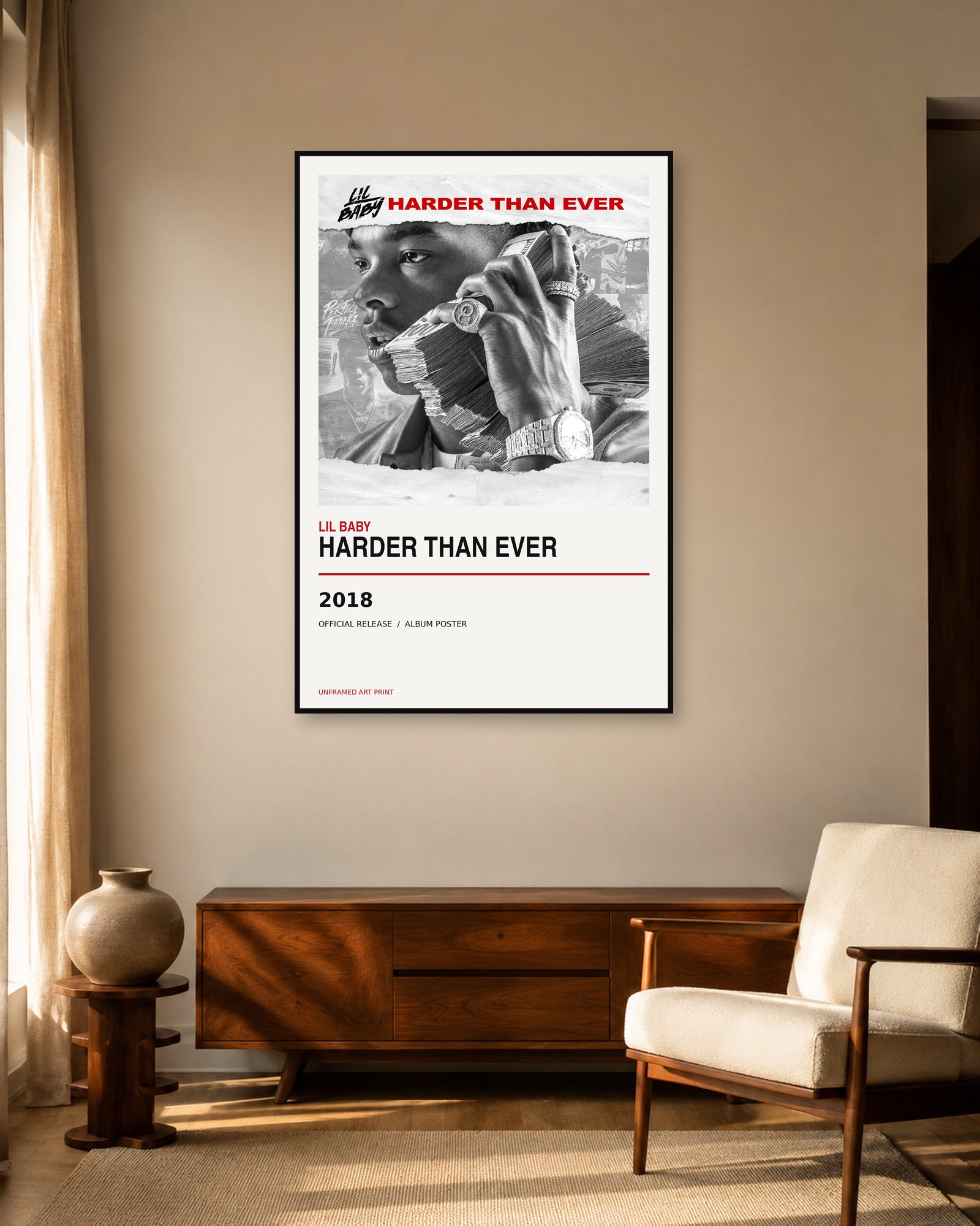 Lil Baby Harder Than Ever album poster displayed in warm mid-century living room