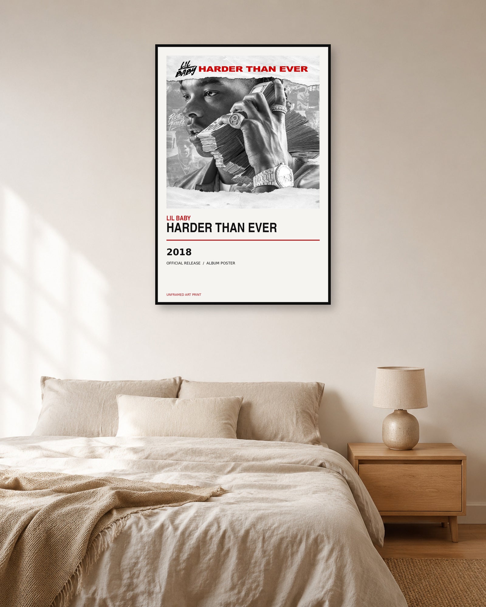 Lil Baby Harder Than Ever album poster displayed in natural light bedroom