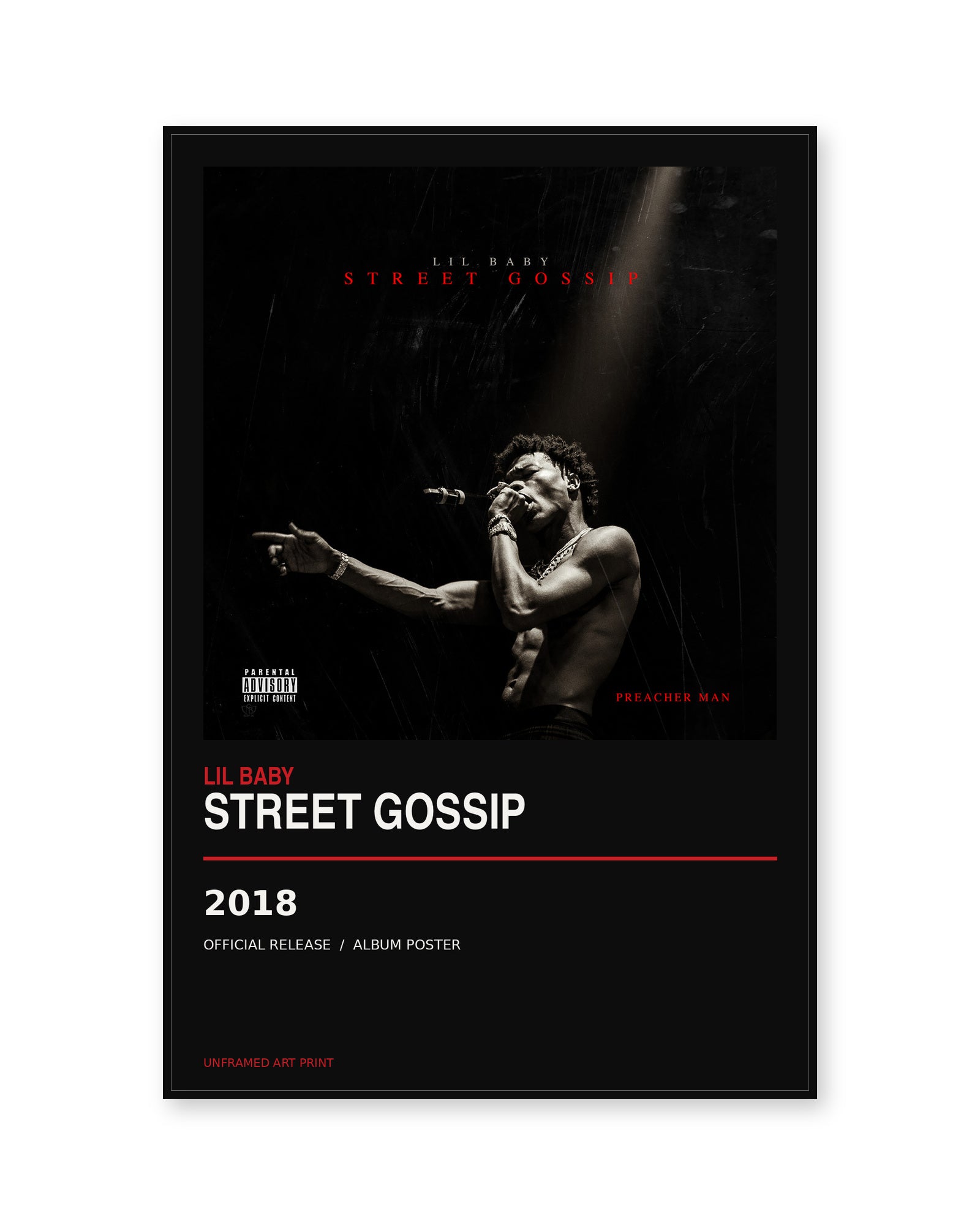 Lil Baby Street Gossip album poster, unframed, shown in thin black display frame on white background