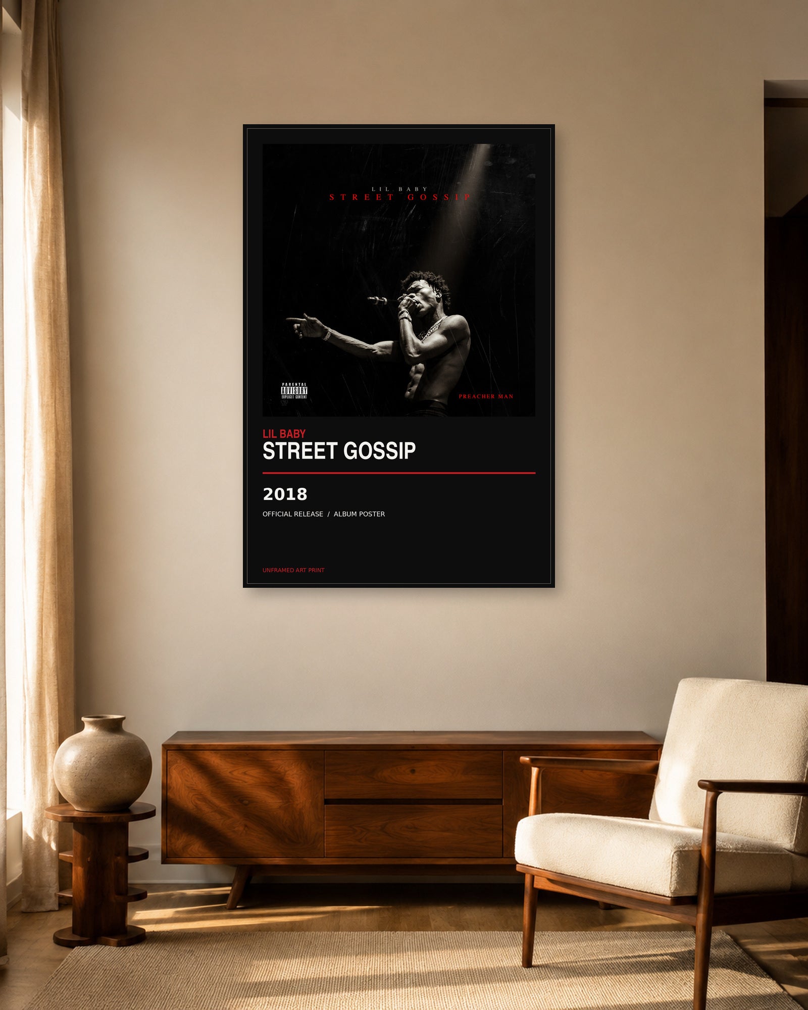 Lil Baby Street Gossip album poster displayed in warm mid-century living room