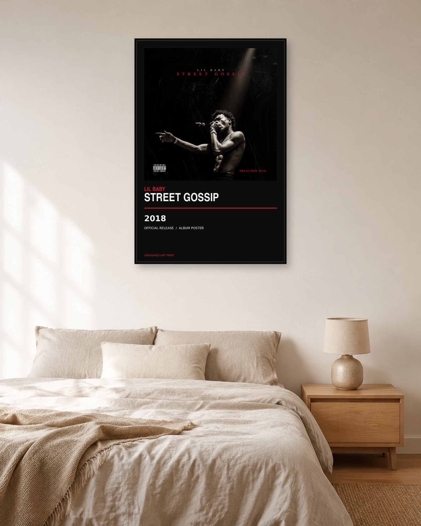 Lil Baby Street Gossip album poster displayed in natural light bedroom