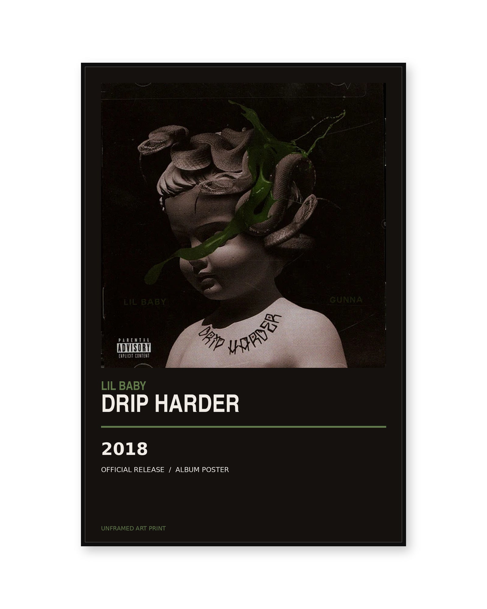 Lil Baby Drip Harder album poster, unframed, shown in thin black display frame on white background