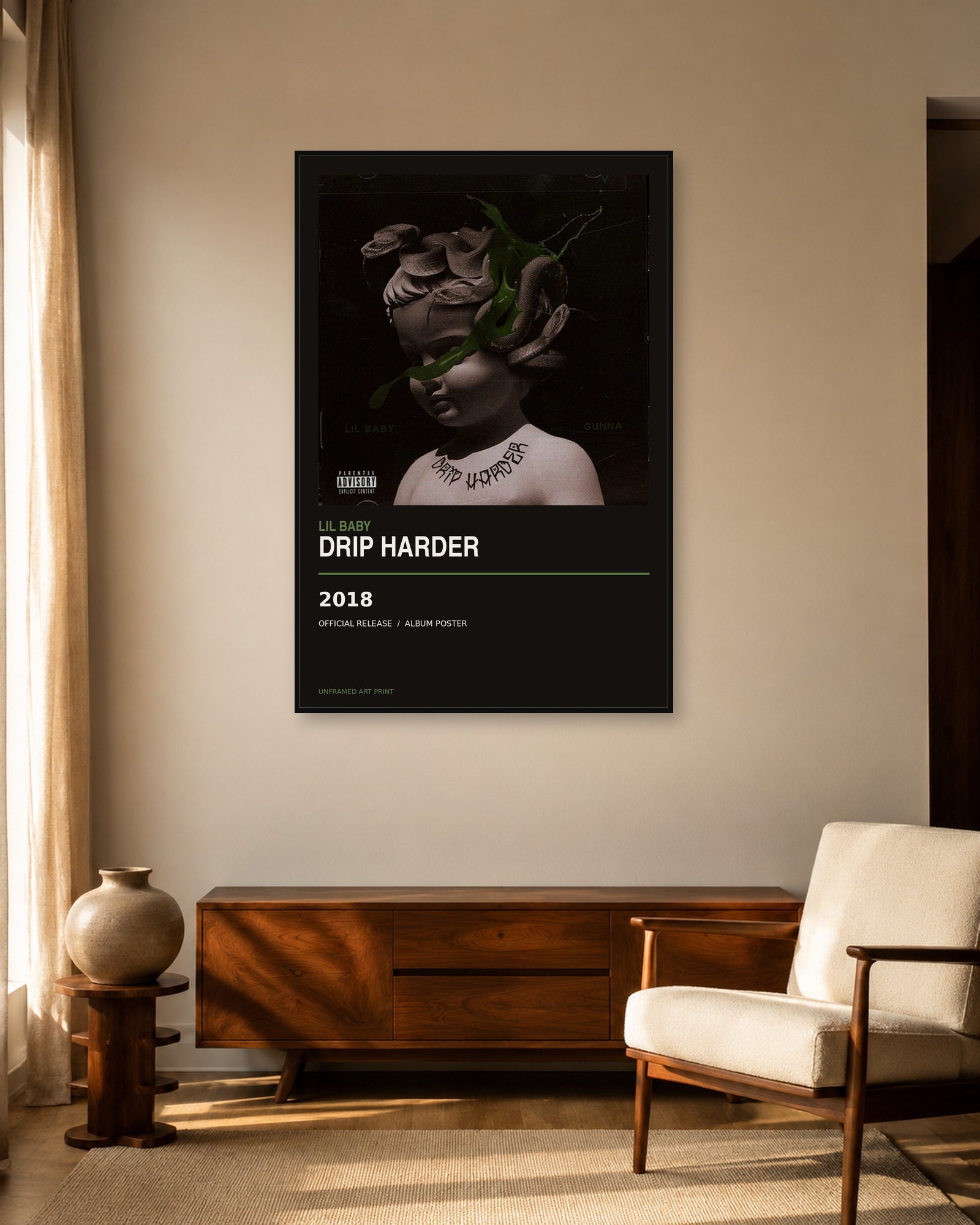 Lil Baby Drip Harder album poster displayed in warm mid-century living room