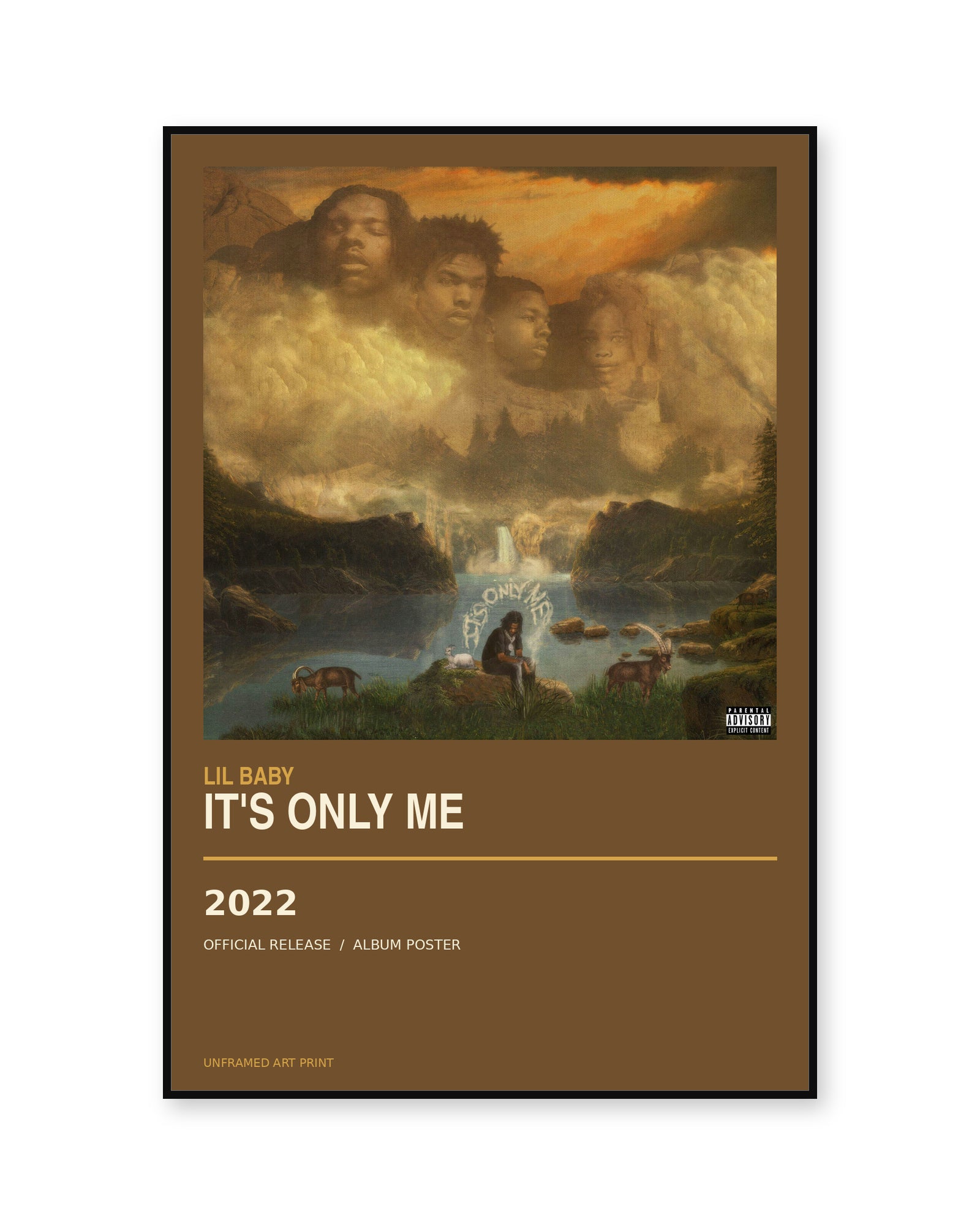 Lil Baby It's Only Me album poster, unframed, shown in thin black display frame on white background