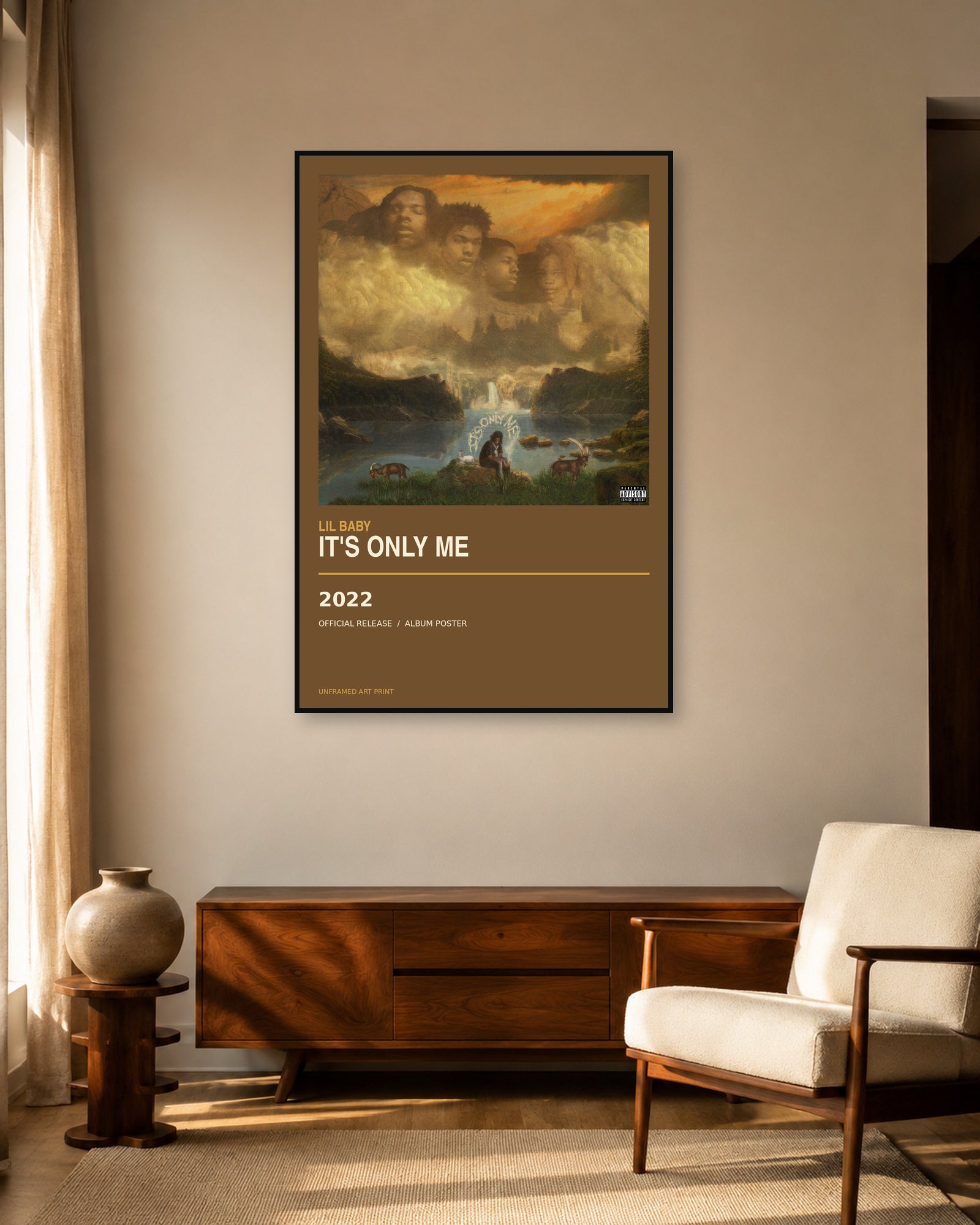 Lil Baby It's Only Me album poster displayed in warm mid-century living room