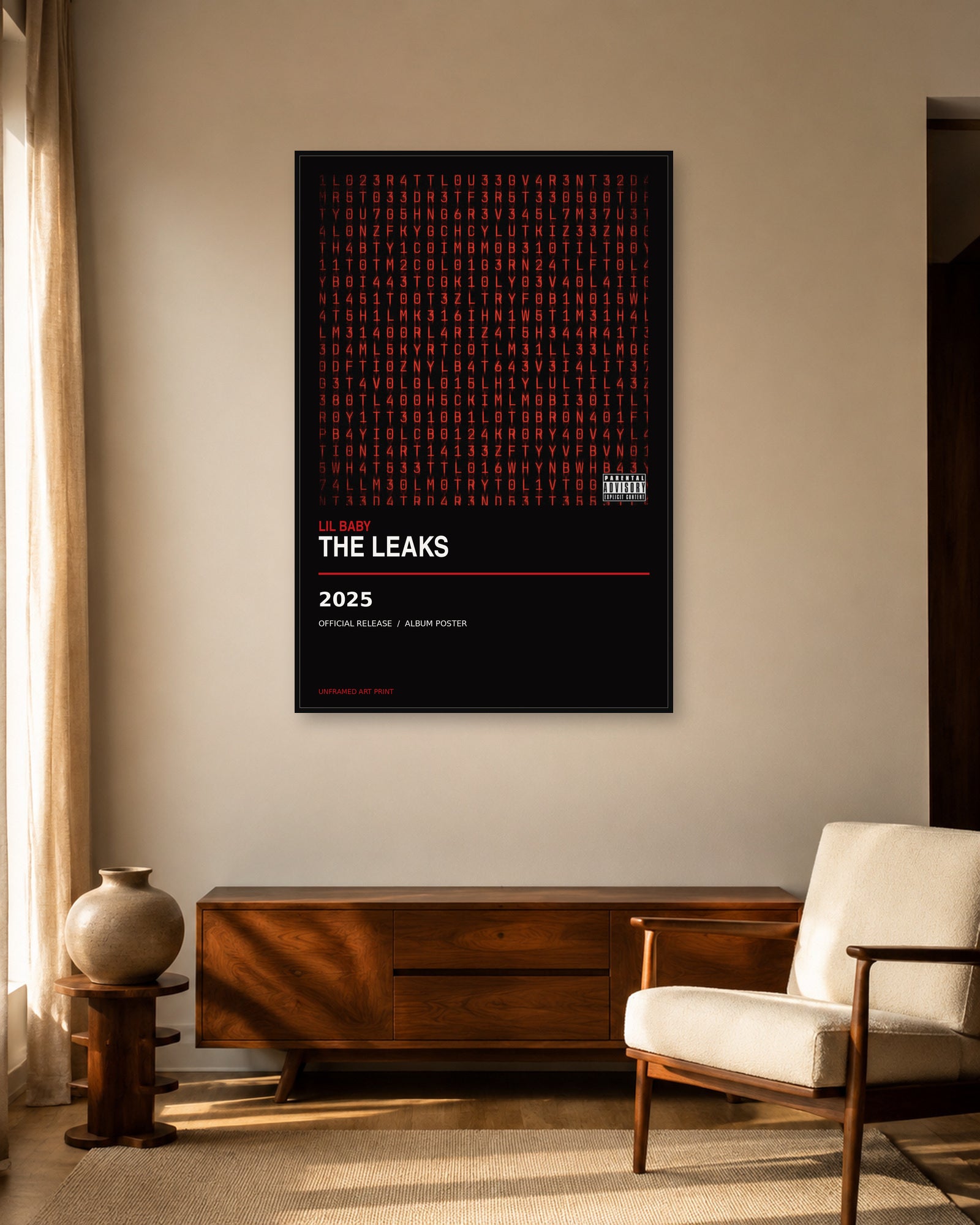 Lil Baby The Leaks album poster displayed in warm mid-century living room